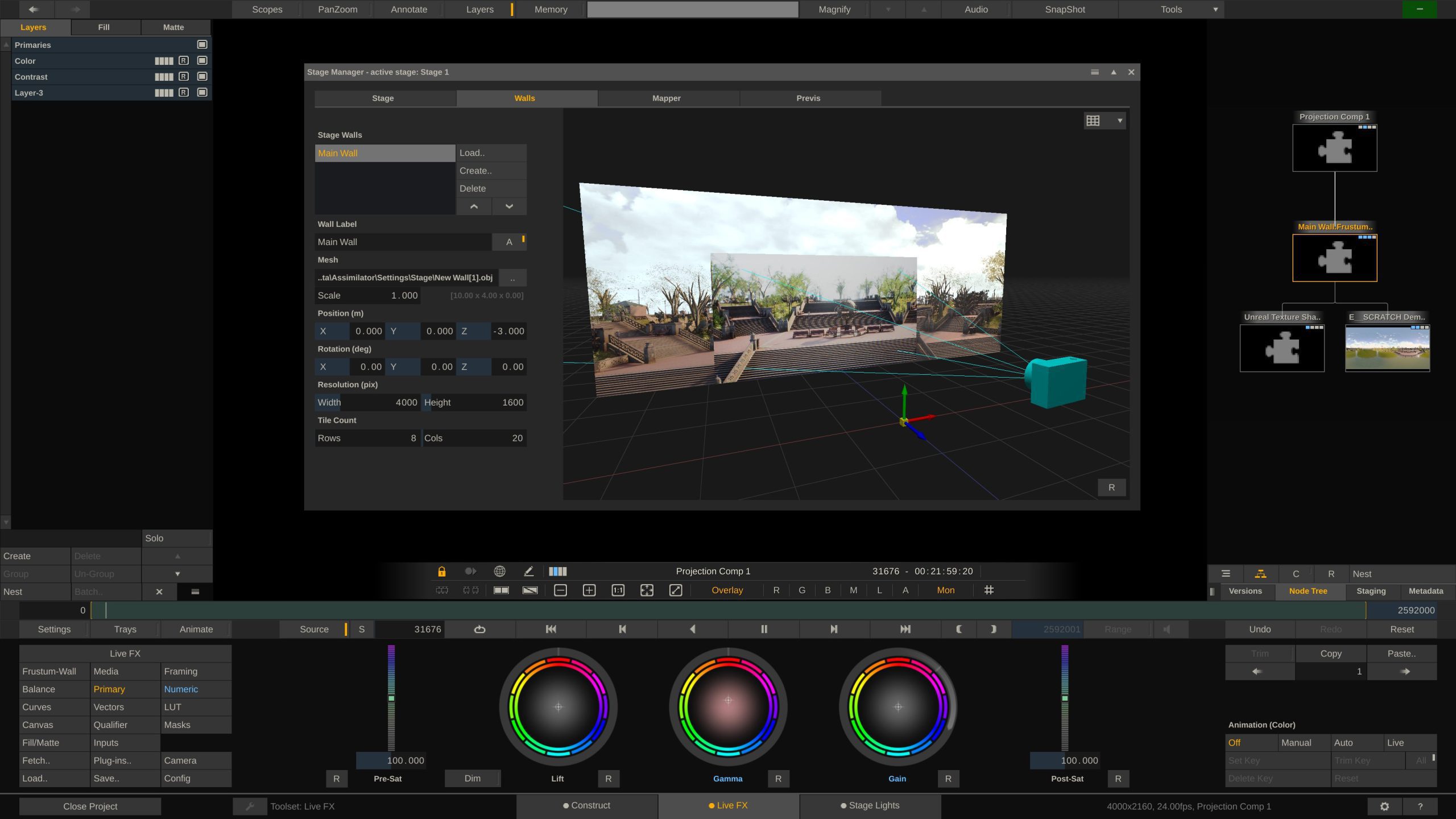 a software interface displaying a 3d scene with an outdoor environment the workspace includes various panels for settings and adjustments featuring color wheels and a blue cube in the scene digital production A software interface displaying a 3D scene with an outdoor environment. The workspace includes various panels for settings and adjustments, featuring color wheels and a blue cube in the scene.