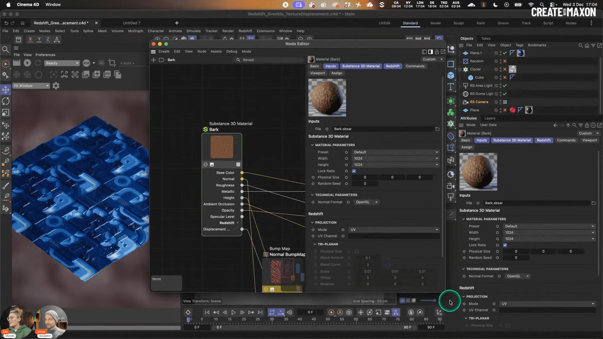 a digital design workspace featuring a 3d model with a blue patterned surface and a detailed shader setup in a software interface the window includes various material properties and parameters illustrating a complex material node network digital production A digital design workspace featuring a 3D model with a blue patterned surface and a detailed shader setup in a software interface. The window includes various material properties and parameters, illustrating a complex material node network.