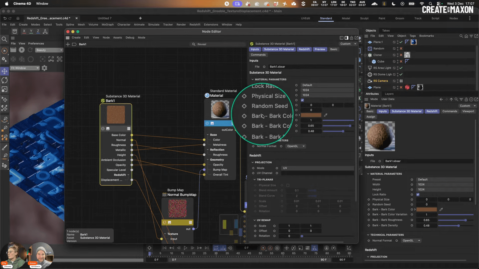 a digital interface showcasing a node editor in a 3d software application it displays various settings for a bark material texture including options for physical size and random seed with visual elements connected through nodes in the corner two avatars are visible and the top right features the logo create maxon digital production A digital interface showcasing a node editor in a 3D software application. It displays various settings for a bark material texture, including options for physical size and random seed, with visual elements connected through nodes. In the corner, two avatars are visible, and the top right features the logo 'Create Maxon'.