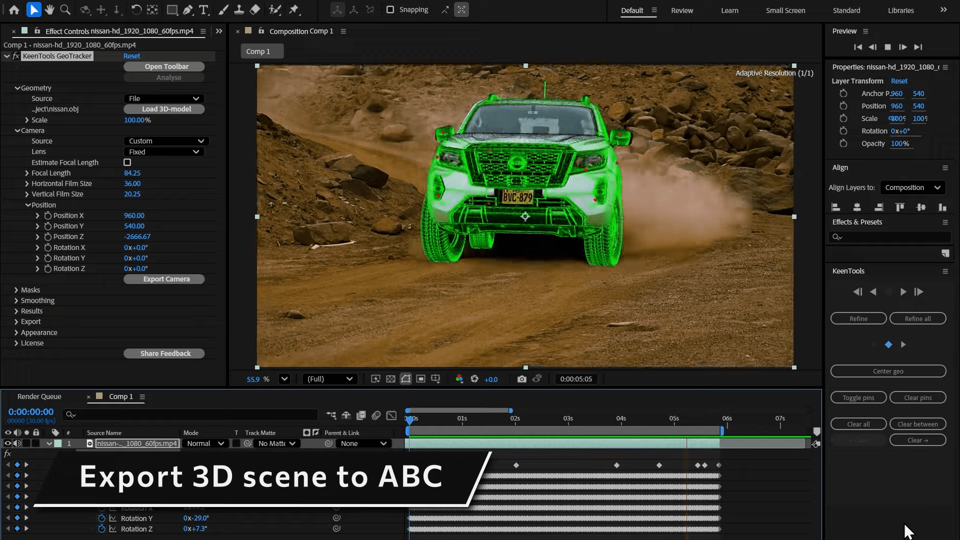 a digital scene featuring a bright green outlines of a vehicle driving on a dirt road with dust clouds the interface of an editing software is visible on the left side displaying tools and settings a label at the bottom reads export 3d scene to abc digital production A digital scene featuring a bright green outlines of a vehicle driving on a dirt road with dust clouds. The interface of an editing software is visible on the left side, displaying tools and settings. A label at the bottom reads 'Export 3D scene to ABC.'