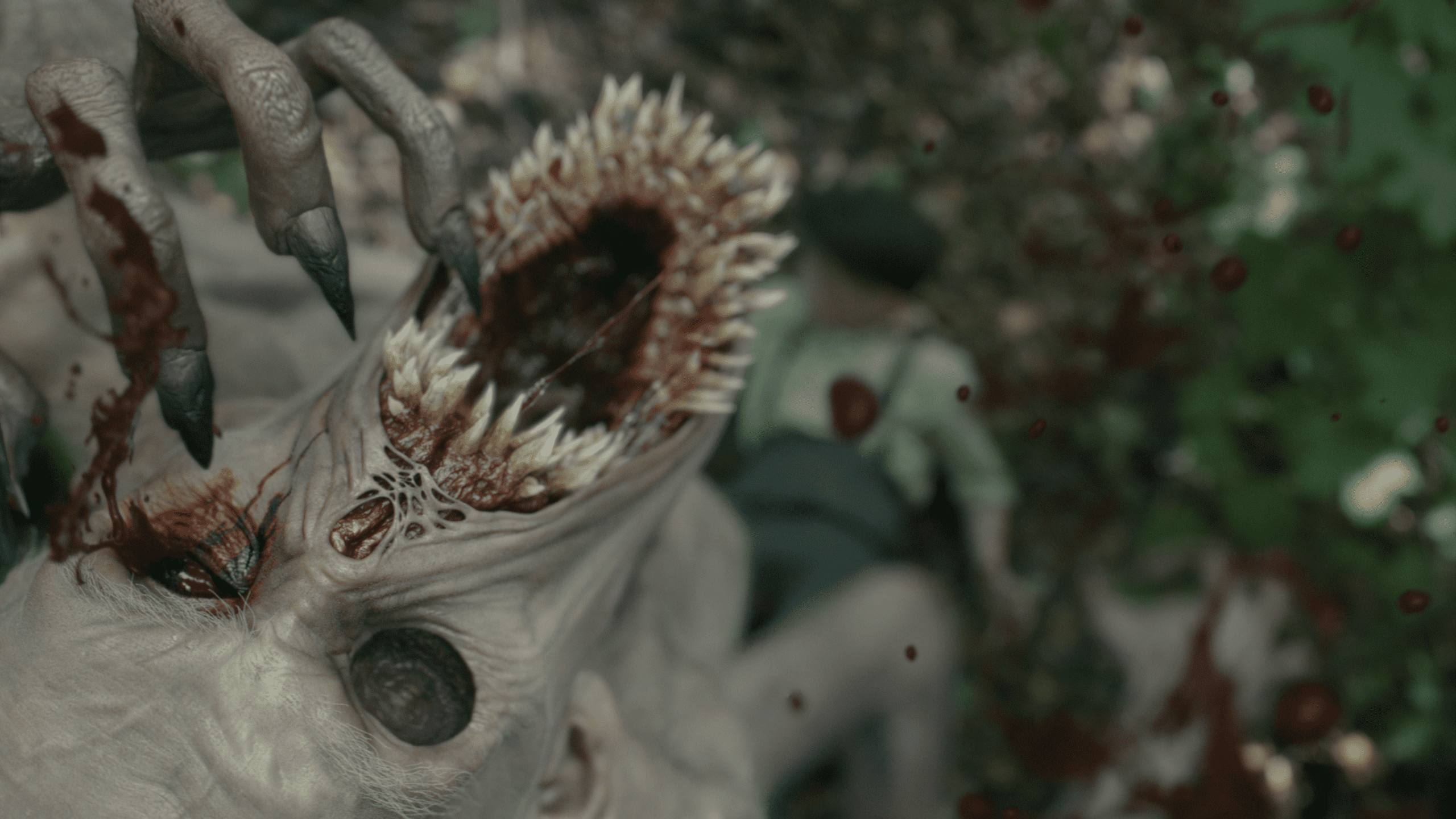 a monstrous creature with sharp teeth and elongated claws emerging from a dark forest its mouth wide open in the background a figure appears to be in distress surrounded by foliage and debris creating a tense atmosphere digital production A monstrous creature with sharp teeth and elongated claws emerging from a dark forest, its mouth wide open. In the background, a figure appears to be in distress, surrounded by foliage and debris, creating a tense atmosphere.