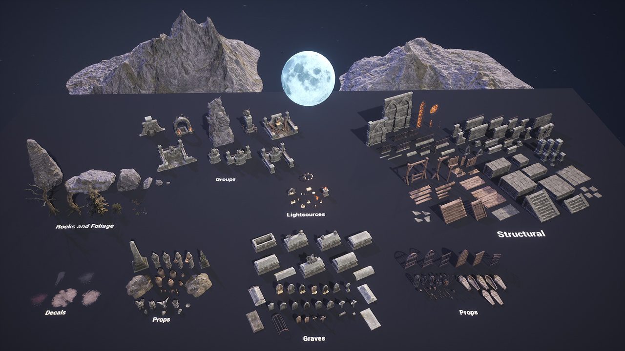 a digital display showcasing various 3d game assets arranged on a dark surface categories include rocks and foliage graves structural props and lighthouses with a full moon illuminating the scene and mountains in the background digital production https://media.fab.com/image_previews/gallery_images/b4144a09-a628-4b62-a05f-3b2c8785db12/15b8a4d2-289e-422a-8e3e-95f7c993236d.jpg