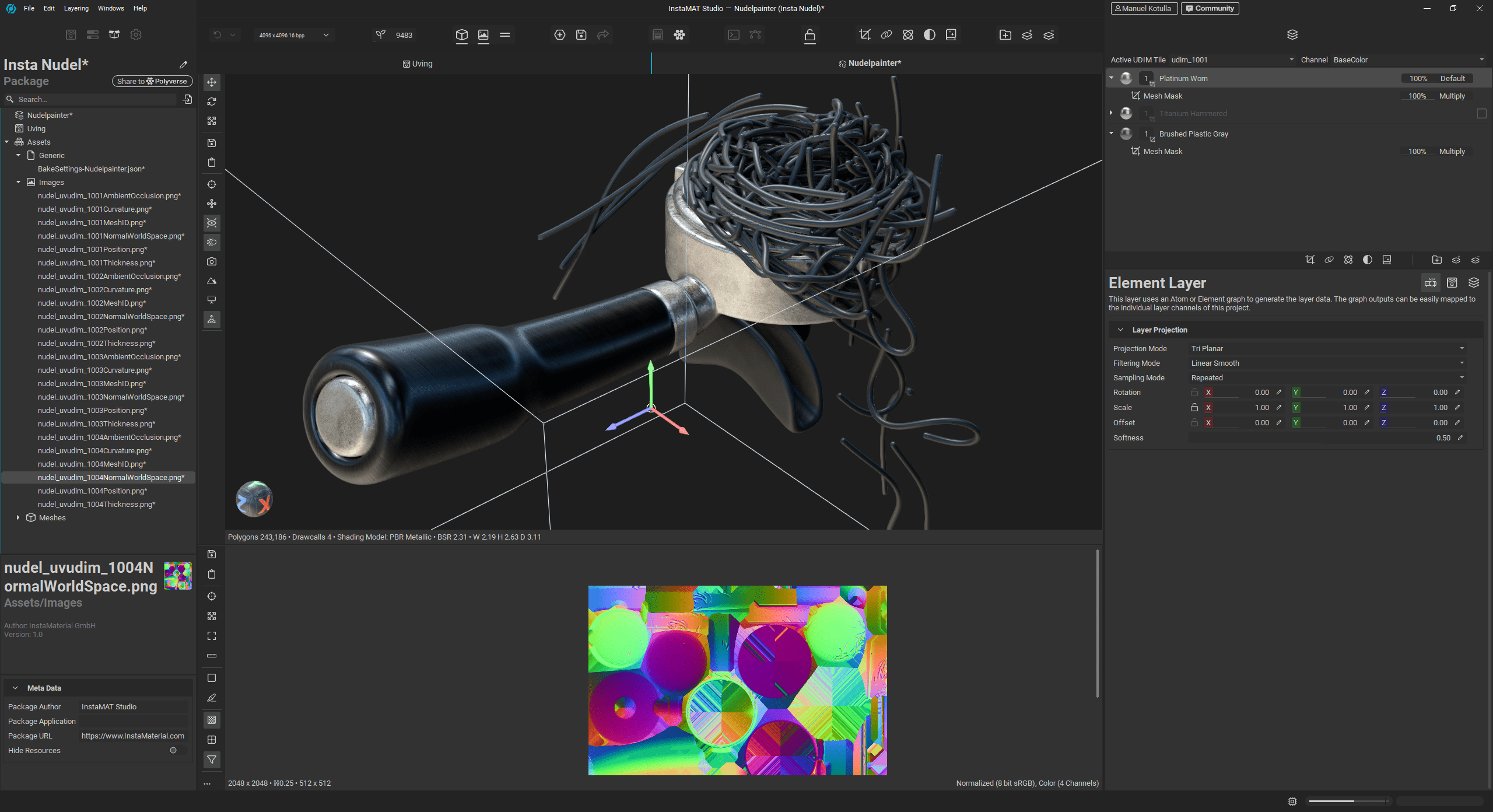 a digital rendering of a tool with a tangled mass of black wires coiled around a metallic handle the interface displayed on the left shows varying options and layers related to the modeling software digital production A digital rendering of a tool with a tangled mass of black wires coiled around a metallic handle. The interface displayed on the left shows varying options and layers related to the modeling software.