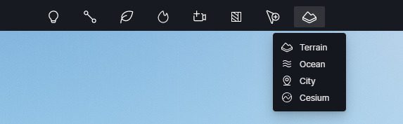 a screenshot of a navigation bar featuring various icons on a dark background a dropdown menu is visible displaying options terrain ocean city and cesium with a light blue gradient background digital production https://usa-forum.d5cdn.com/original/3X/4/c/4cab68e2426280cc69200890228f7c8b136dfe1a.jpeg