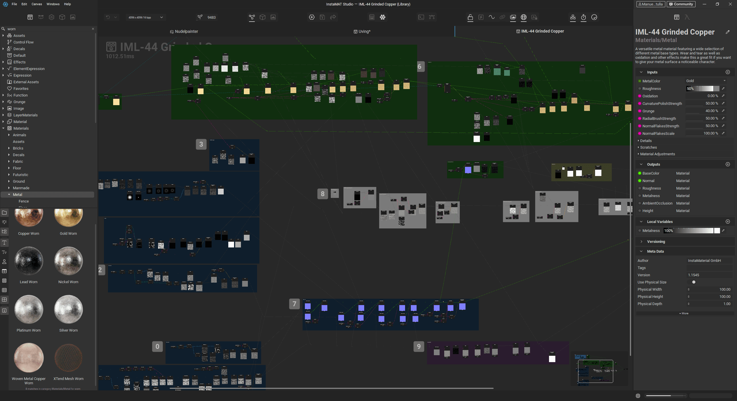 a software interface showing a complex layout with various colored sections labeled iml44 oriented copper the left panel displays different material textures while the right panel shows detailed properties and settings digital production A software interface showing a complex layout with various colored sections labeled 'IML-44 Oriented Copper.' The left panel displays different material textures while the right panel shows detailed properties and settings.
