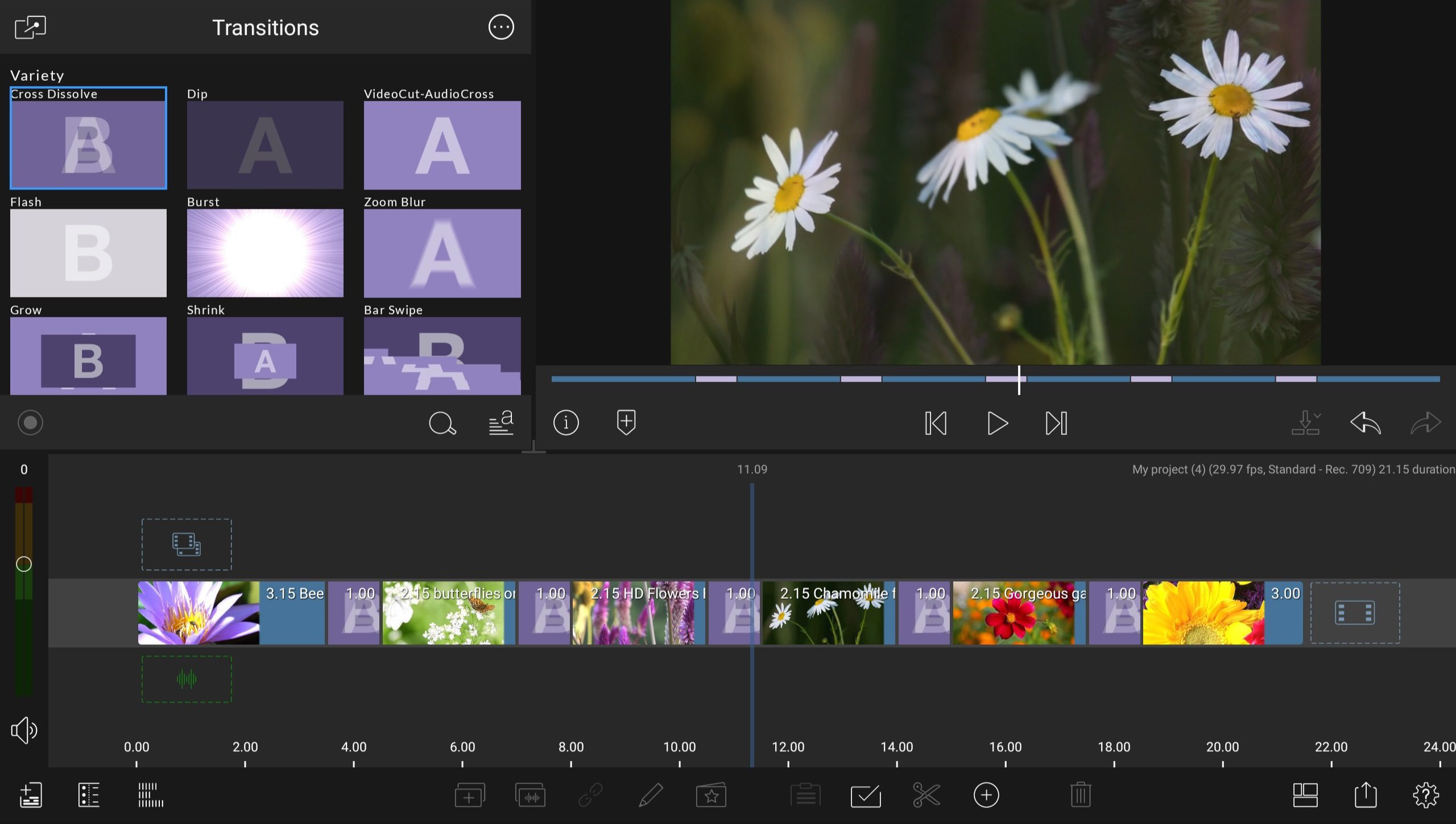 a digital video editing interface displaying various transition effects including flash and dissolve the timeline shows a sequence of clips featuring flowers including daisies and other colorful blooms digital production A digital video editing interface displaying various transition effects, including 'Flash' and 'Dissolve.' The timeline shows a sequence of clips featuring flowers, including daisies and other colorful blooms.