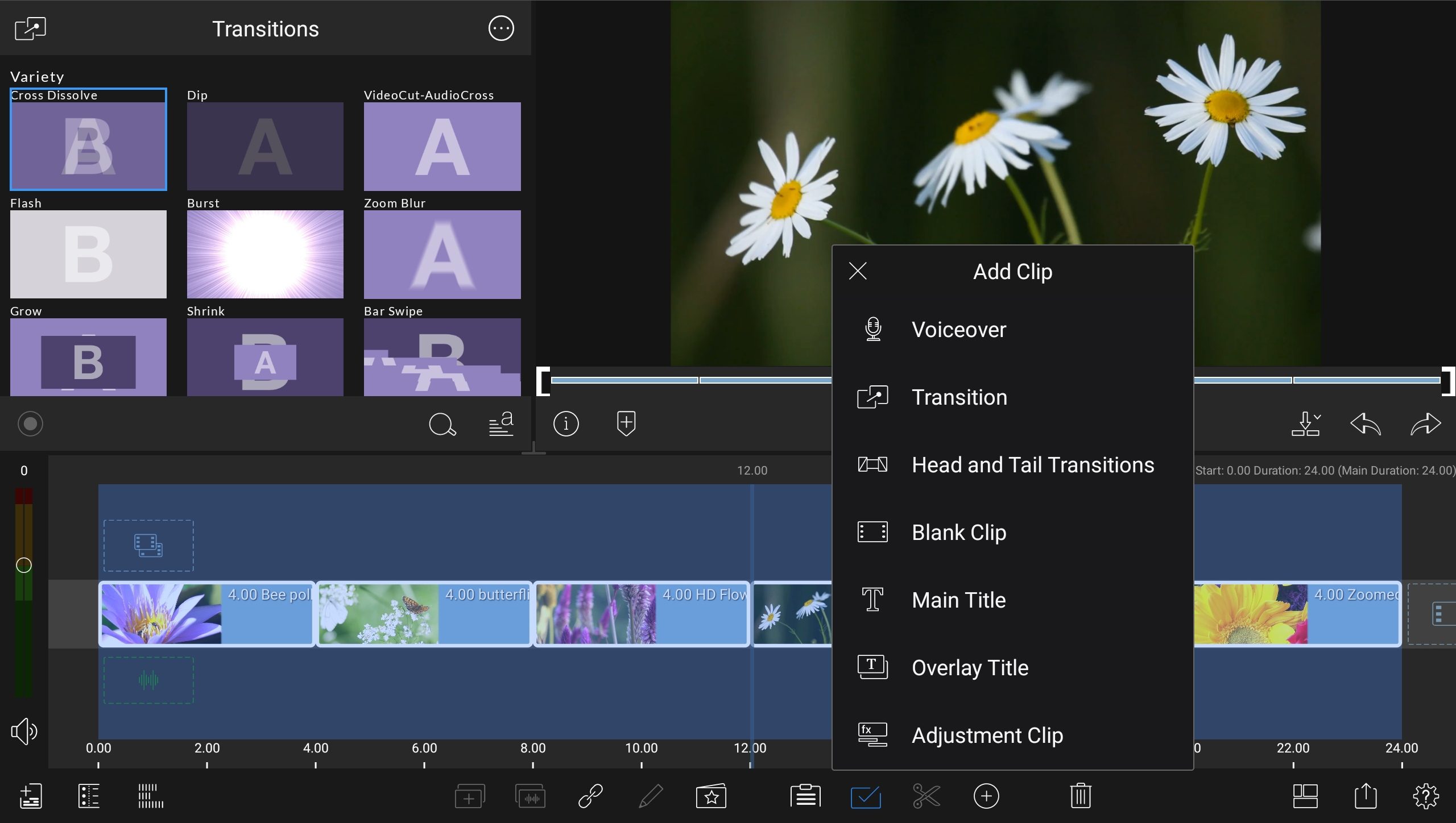 a screenshot of a video editing application showing various transition options on the left side in the timeline below several clips are arranged with audio tracks a menu on the right includes features like add clip and voiceover digital production A screenshot of a video editing application showing various transition options on the left side. In the timeline below, several clips are arranged with audio tracks. A menu on the right includes features like 'Add Clip' and 'Voiceover'.