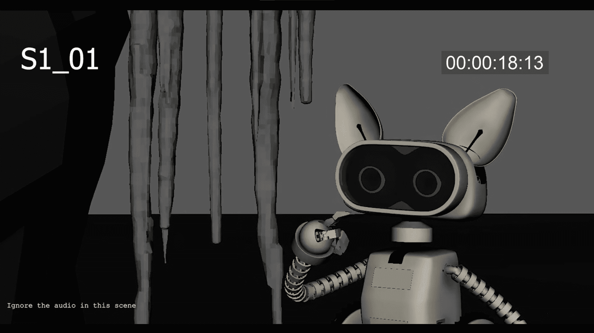 a stylized robotic character with large eyes and catlike ears is holding a small object while surrounded by hanging icicles the background features a dark geometric shape and a digital clock shows the time digital production A stylized robotic character with large eyes and cat-like ears is holding a small object while surrounded by hanging icicles. The background features a dark geometric shape, and a digital clock shows the time.
