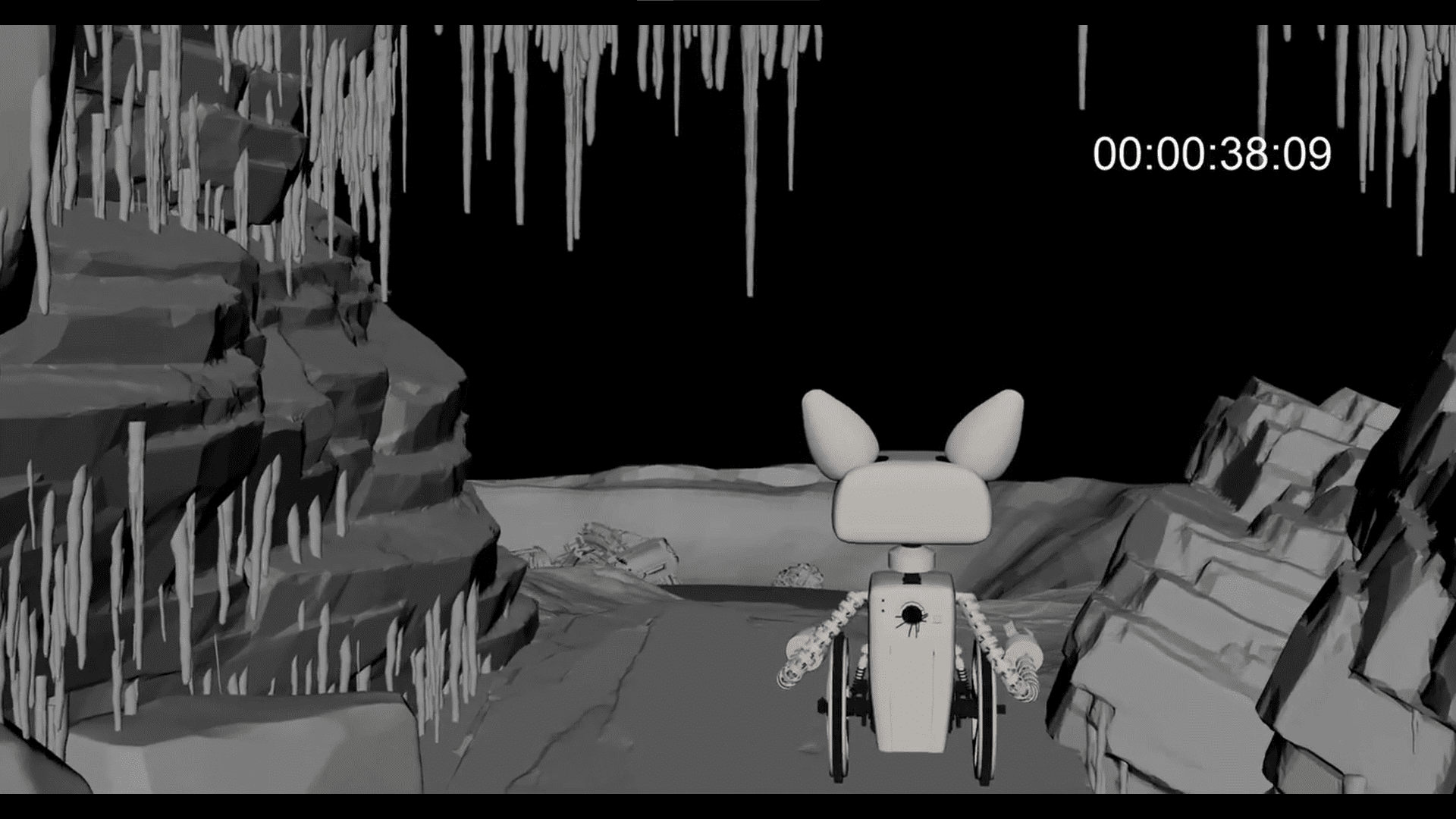 a digital robot character with bunny ears sits in a wheelchair facing a rocky cave stalactites hang from the ceiling in the dim light creating an eerie atmosphere while a timer in the corner shows 00003809 digital production A digital robot character with bunny ears sits in a wheelchair, facing a rocky cave. Stalactites hang from the ceiling in the dim light, creating an eerie atmosphere, while a timer in the corner shows 00:00:38:09.