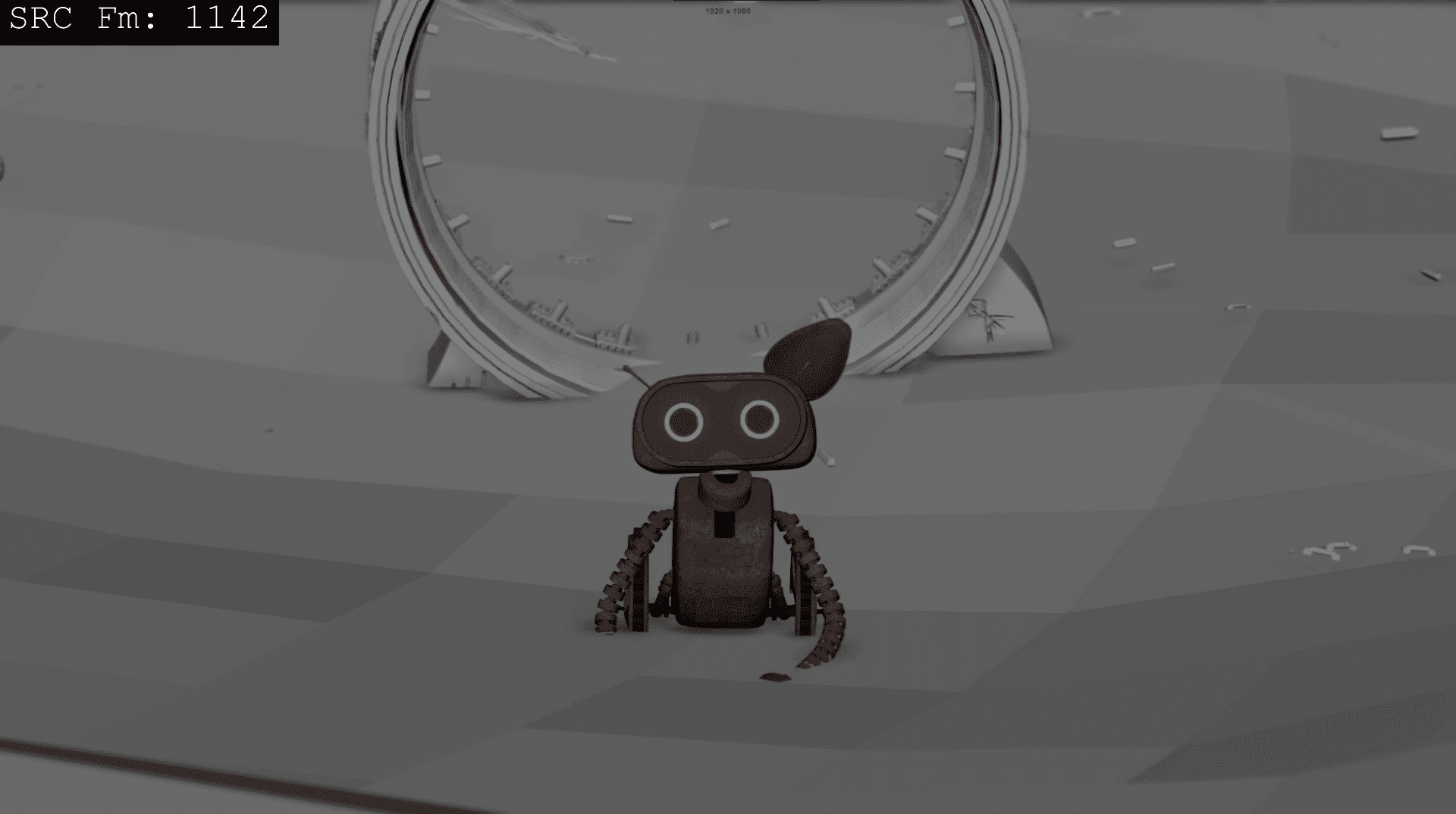 a small stylized robot character with large round eyes and a smiling expression stands on a textured surface behind it a circular structure looms suggesting a playful or whimsical environment digital production A small, stylized robot character with large round eyes and a smiling expression stands on a textured surface. Behind it, a circular structure looms, suggesting a playful or whimsical environment.