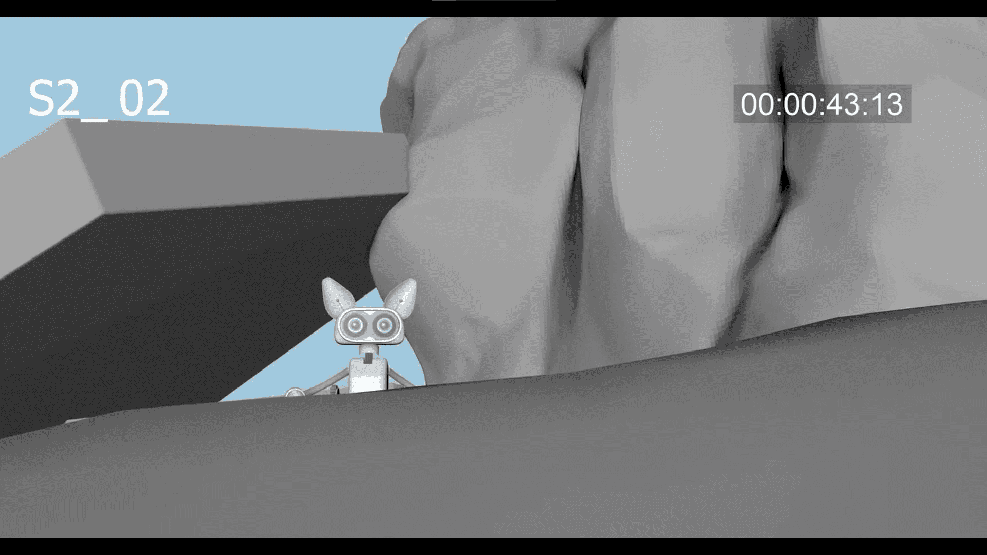 a stylized gray robot with large round eyes and pointed ears stands on a flat surface set against a backdrop of a large rocky formation and a light blue sky a time counter is visible in the corner of the image digital production A stylized gray robot with large round eyes and pointed ears stands on a flat surface, set against a backdrop of a large rocky formation and a light blue sky. A time counter is visible in the corner of the image.