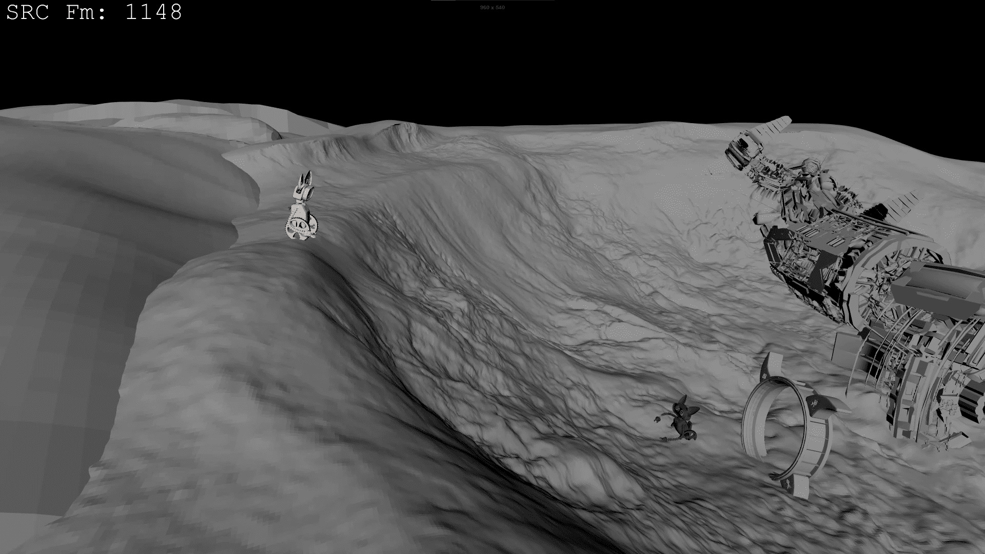 a grayscale rendering of a lunarlike landscape featuring rugged terrain with a prominent curved rock formation on the right a detailed spacecraft is partially visible while a small figure can be seen near the edge of a crater digital production A grayscale rendering of a lunar-like landscape featuring rugged terrain with a prominent curved rock formation. On the right, a detailed spacecraft is partially visible, while a small figure can be seen near the edge of a crater.