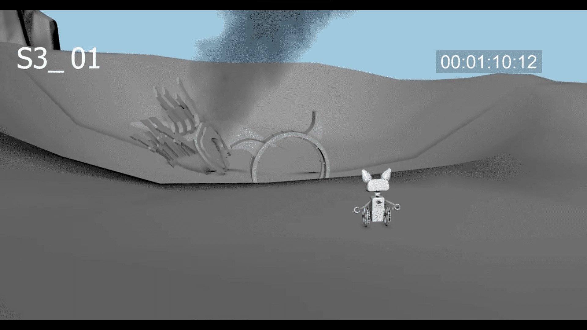 a stylized robotic character stands in a barren landscape observing abstract structures partially buried in the ground with smoke rising in the background a timestamp and sequence number are displayed in the corner digital production A stylized robotic character stands in a barren landscape, observing abstract structures partially buried in the ground, with smoke rising in the background. A timestamp and sequence number are displayed in the corner.