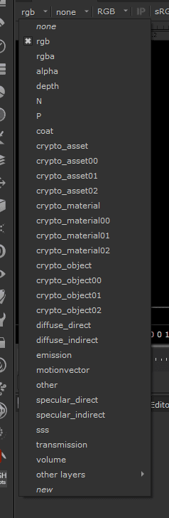 a detailed menu or dropdown list displaying various options related to rendering settings in a 3d software interface options include rgb rgba alpha depth and various material and object types set against a dark background digital production A detailed menu or dropdown list displaying various options related to rendering settings in a 3D software interface. Options include 'rgb', 'rgba', 'alpha', 'depth', and various material and object types, set against a dark background.
