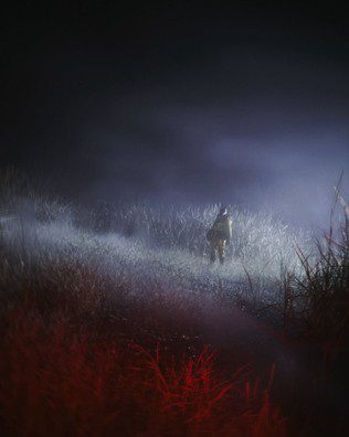 a lone figure in a yellow jacket walking through a foggy landscape at night with tall grass illuminated by subtle lights creating a mysterious atmosphere digital production A lone figure in a yellow jacket walking through a foggy landscape at night, with tall grass illuminated by subtle lights, creating a mysterious atmosphere.