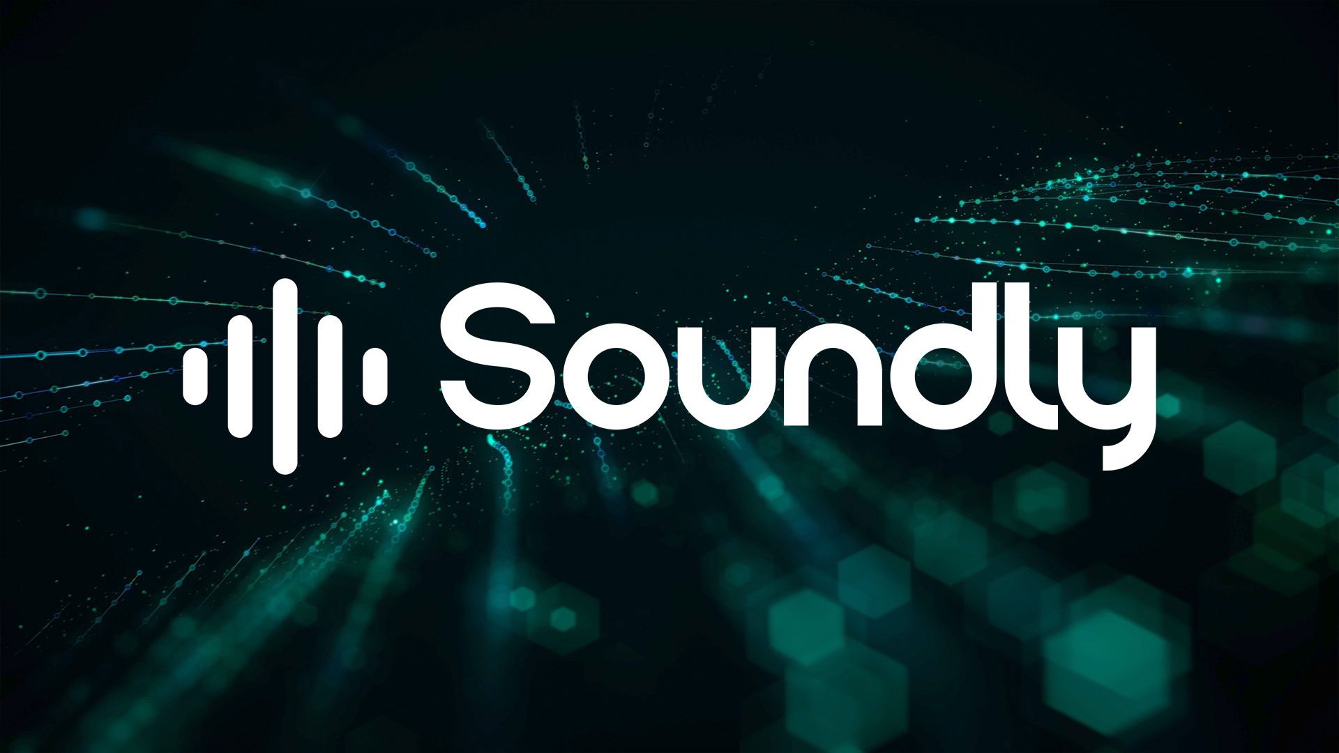 the logo of soundly featuring the word soundly in bold white letters on a dark green and blue background with glowing lines and hexagonal shapes creating a sense of depth and movement digital production The logo of Soundly, featuring the word 'Soundly' in bold white letters on a dark green and blue background with glowing lines and hexagonal shapes, creating a sense of depth and movement.