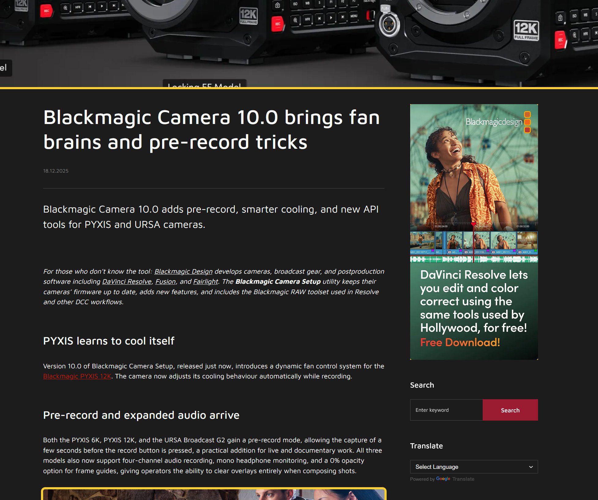 a closeup view of multiple blackmagic cameras with visible control buttons and dials positioned on a dark textured surface the top section of the image includes a headline about blackmagic camera 100 features digital production A close-up view of multiple Blackmagic Cameras with visible control buttons and dials, positioned on a dark textured surface. The top section of the image includes a headline about Blackmagic Camera 10.0 features.
