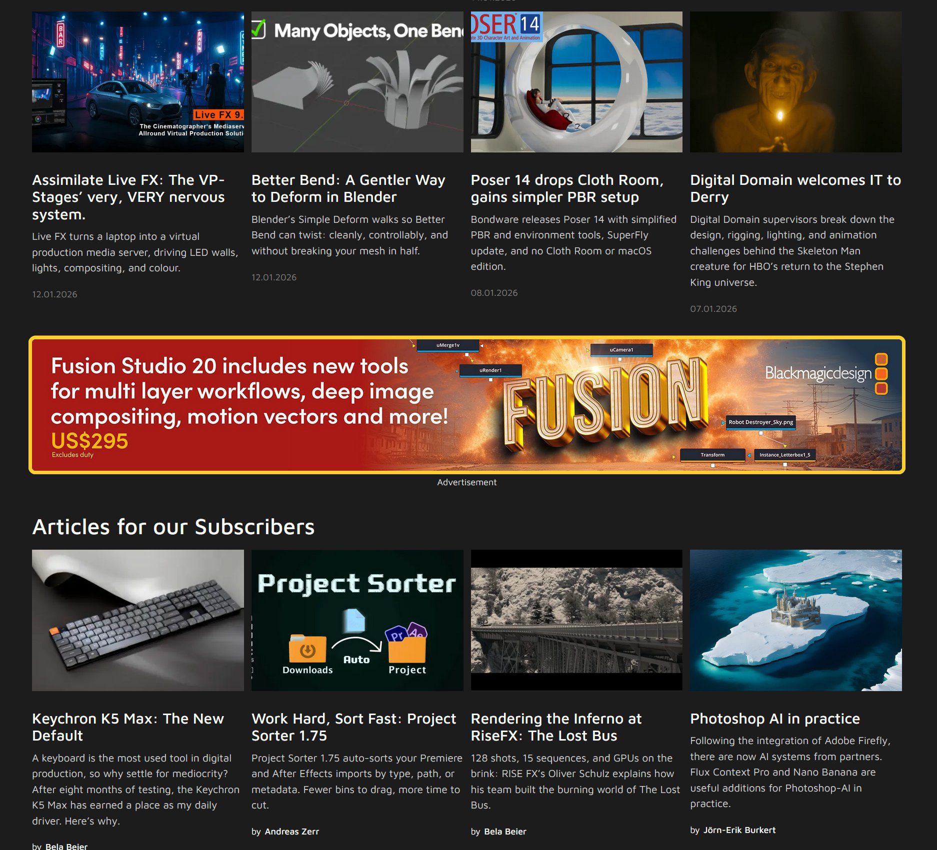 a collage of digital art and graphics shows various articles related to 3d modeling and animation software there is a prominent advertisement for fusion studio 20 with bold typography alongside smaller thumbnails of articles on different topics digital production A collage of digital art and graphics shows various articles related to 3D modeling and animation software. There is a prominent advertisement for Fusion Studio 20 with bold typography, alongside smaller thumbnails of articles on different topics.