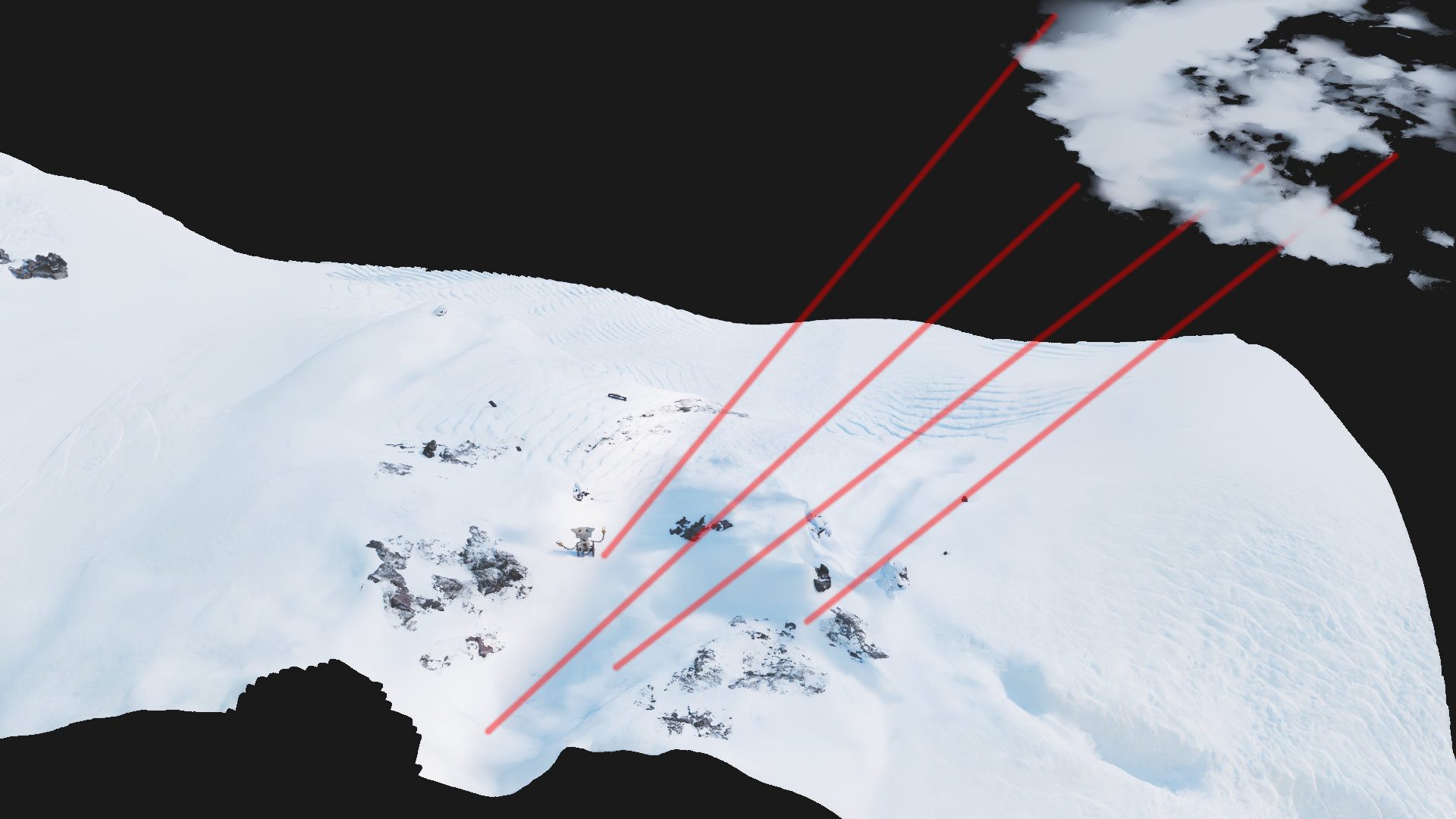 aerial view of a snowy landscape with dark rocky outcrops red lines illustrate measurements or data points extending from a cloud above the scene highlighting areas of interest on the snowcovered ground digital production Aerial view of a snowy landscape with dark rocky outcrops. Red lines illustrate measurements or data points extending from a cloud above the scene, highlighting areas of interest on the snow-covered ground.