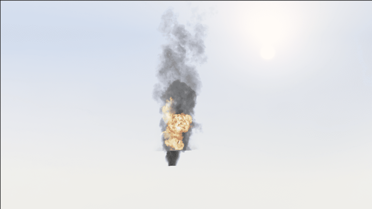 a plume of smoke rising into the sky with flames at the base against a light blue background the sun is faintly visible in the upper right corner indicating a clear day digital production A plume of smoke rising into the sky, with flames at the base, against a light blue background. The sun is faintly visible in the upper right corner, indicating a clear day.