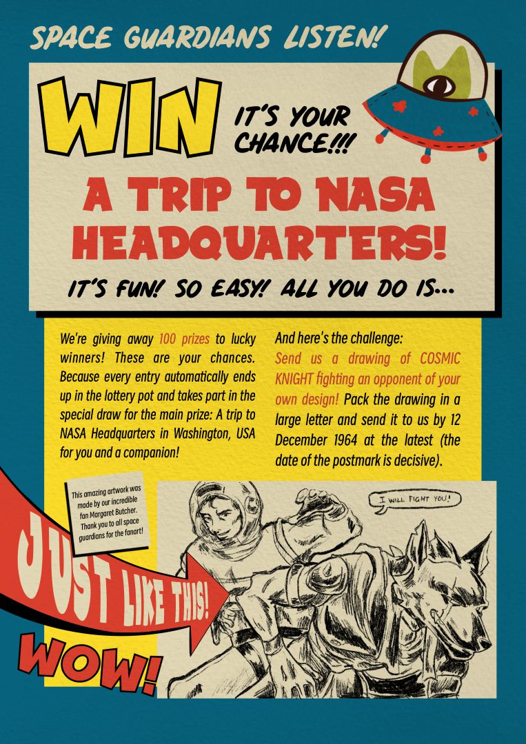 a colorful retrostyle advertisement promoting a contest to win a trip to nasa headquarters the text emphasizes fun and easy participation featuring playful graphics including a ufo a dog and drawings of a cosmic knight digital production A colorful retro-style advertisement promoting a contest to win a trip to NASA Headquarters. The text emphasizes fun and easy participation, featuring playful graphics, including a UFO, a dog, and drawings of a cosmic knight.