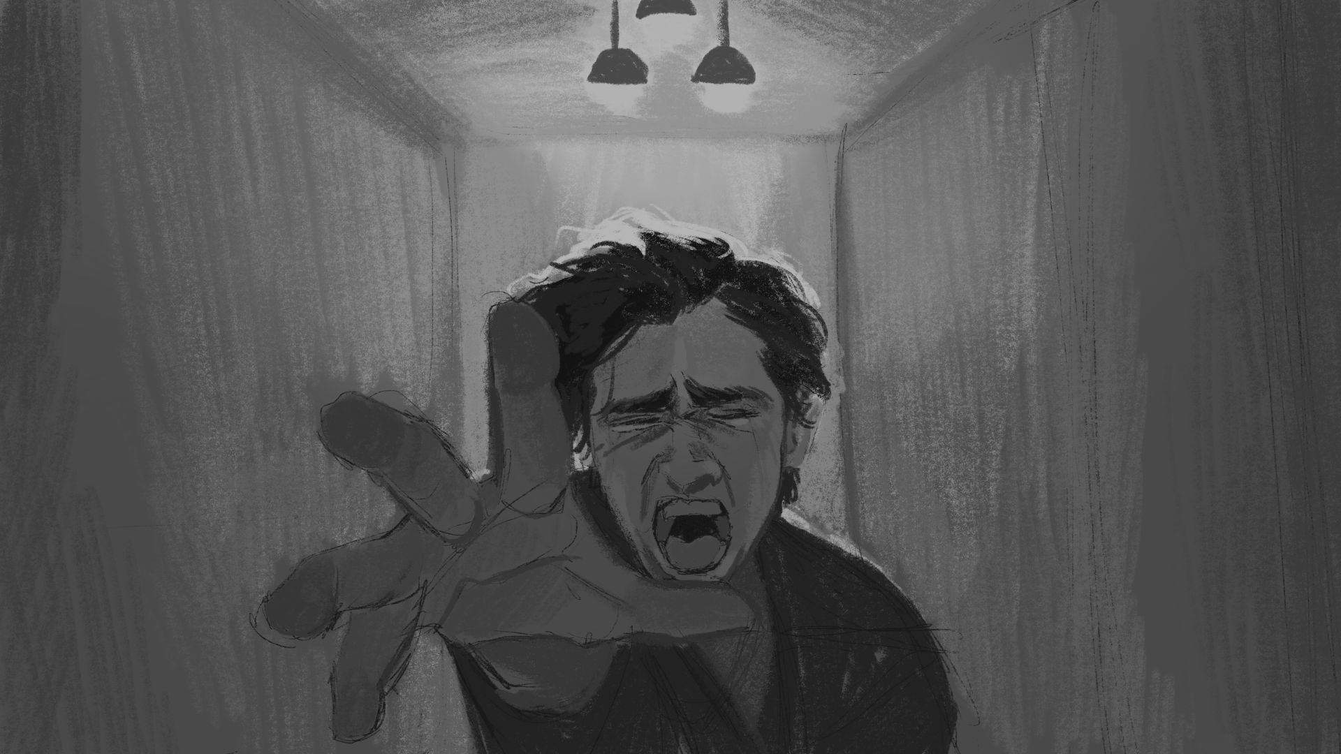 a dramatic black and white illustration of a man extending his hand outward with a distressed expression set in a dimly lit corridor the atmosphere conveys urgency and emotion with shadows enhancing the tension in the scene digital production A dramatic black and white illustration of a man extending his hand outward with a distressed expression, set in a dimly lit corridor. The atmosphere conveys urgency and emotion, with shadows enhancing the tension in the scene.