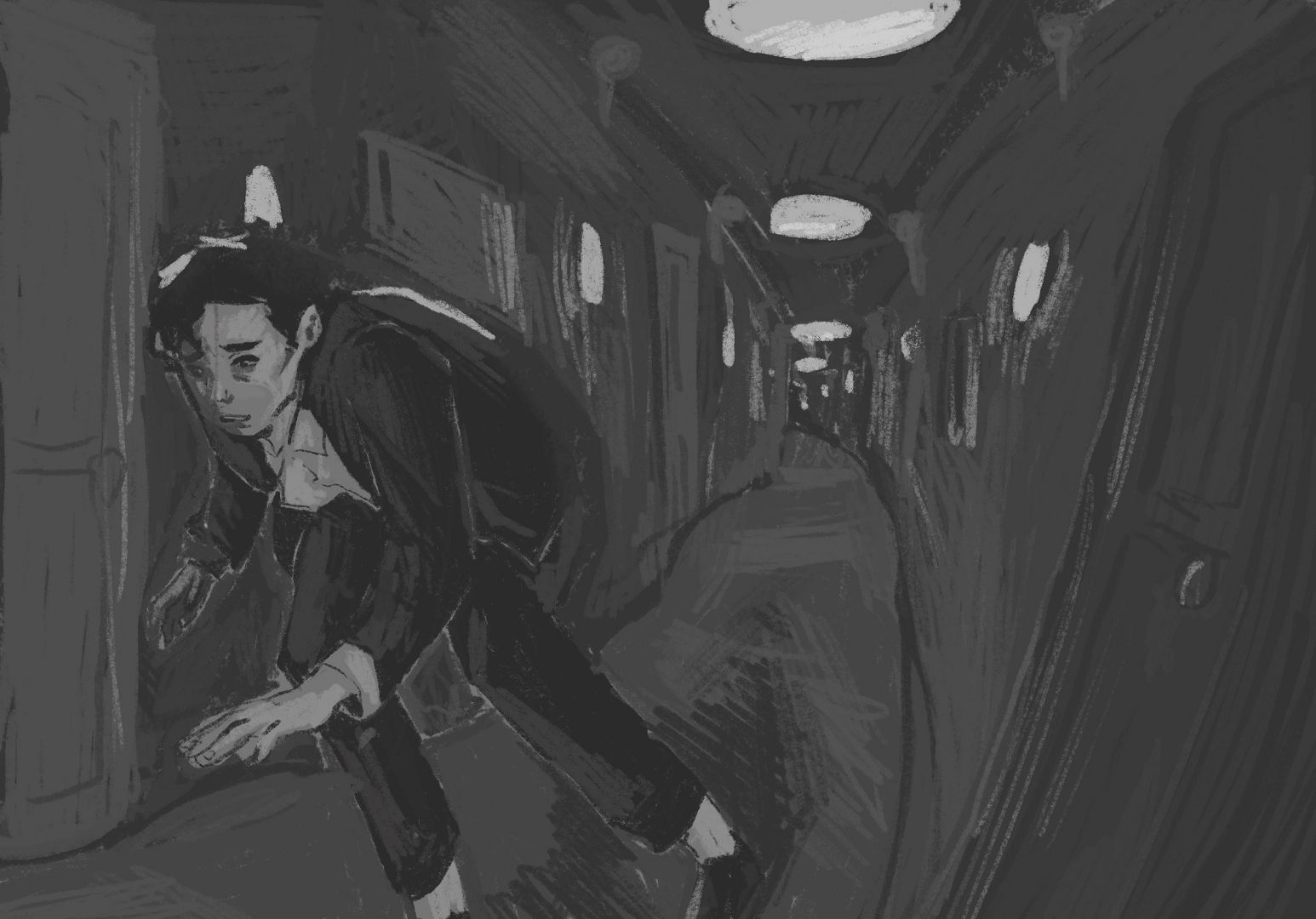 a young man in formal attire crouches in a dimly lit corridor peering cautiously around a corner the hallway features several closed doors and overhead lights creating a tense atmosphere digital production A young man in formal attire crouches in a dimly lit corridor, peering cautiously around a corner. The hallway features several closed doors and overhead lights, creating a tense atmosphere.