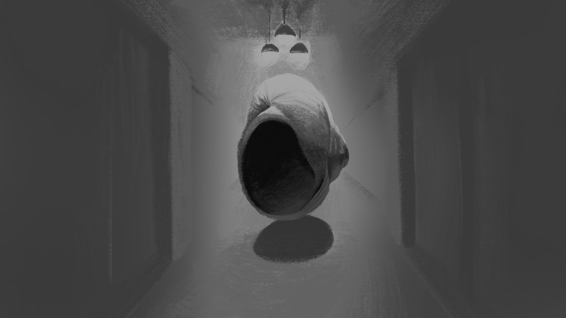 a dark atmospheric corridor with a round shadowy form floating at the center illuminated by two overhead lights the surroundings are textured suggesting a sense of depth and mystery digital production A dark, atmospheric corridor with a round, shadowy form floating at the center, illuminated by two overhead lights. The surroundings are textured, suggesting a sense of depth and mystery.