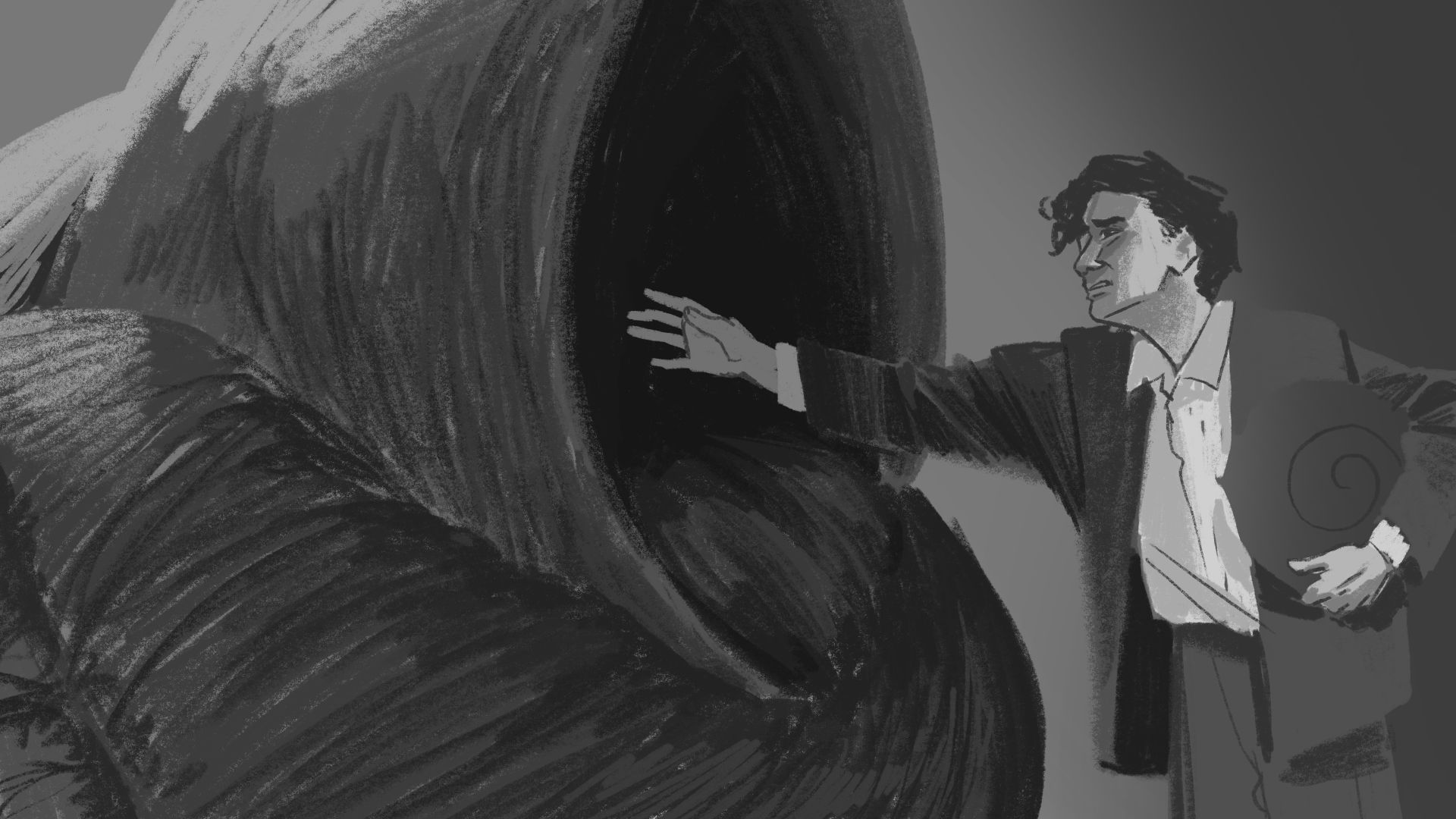 a stylized black and white illustration of a man in a suit reaching towards a large dark abstract figure the mans expression is focused and determined while the figure looms closely suggesting an intense moment of interaction digital production A stylized black and white illustration of a man in a suit reaching towards a large, dark, abstract figure. The man's expression is focused and determined, while the figure looms closely, suggesting an intense moment of interaction.