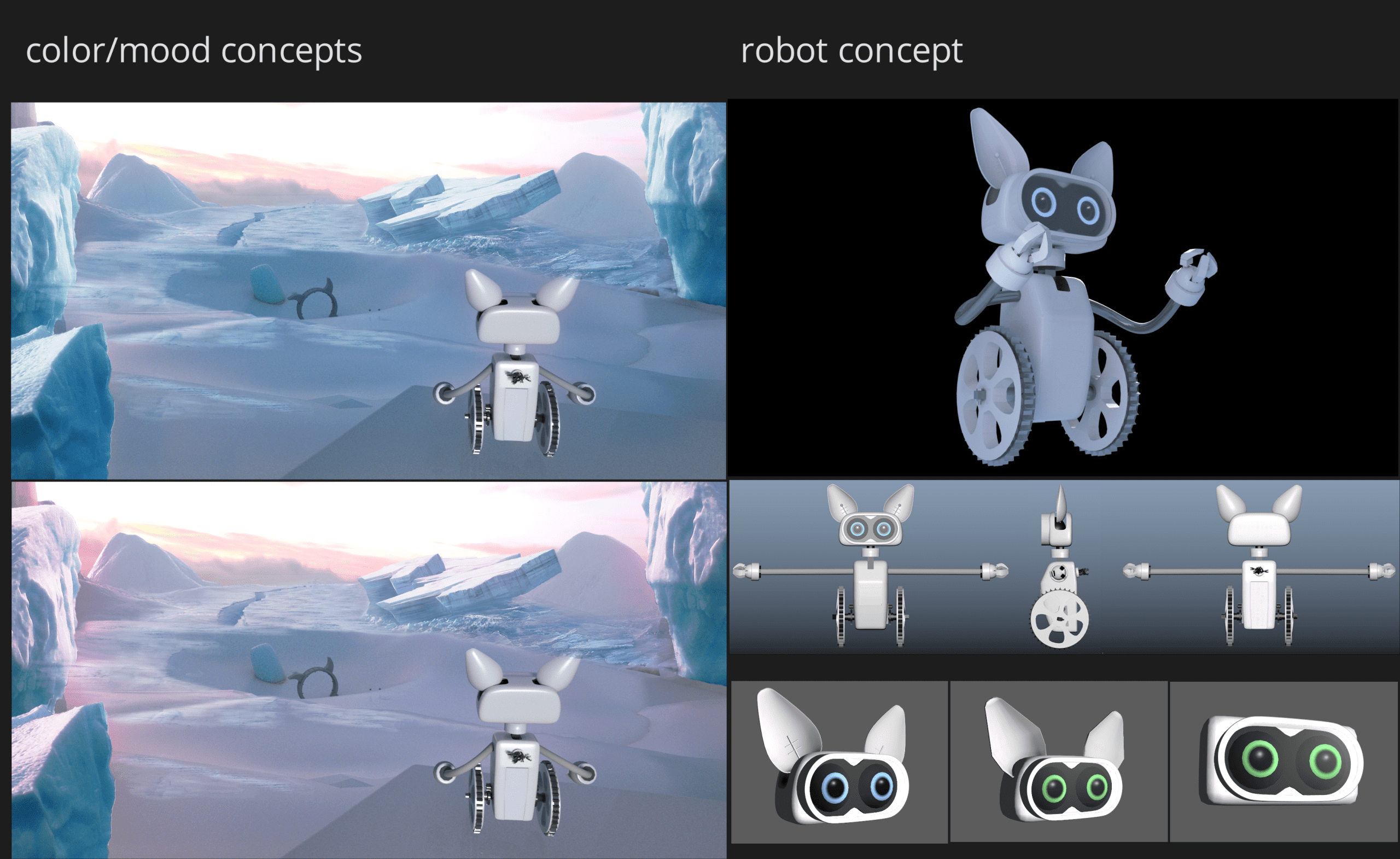 a design layout featuring two sections the top shows serene color and mood concepts with icy landscapes while the bottom displays a cute robot character on wheels in various angles and styles against a neutral background digital production A design layout featuring two sections: the top shows serene color and mood concepts with icy landscapes, while the bottom displays a cute robot character on wheels in various angles and styles against a neutral background.