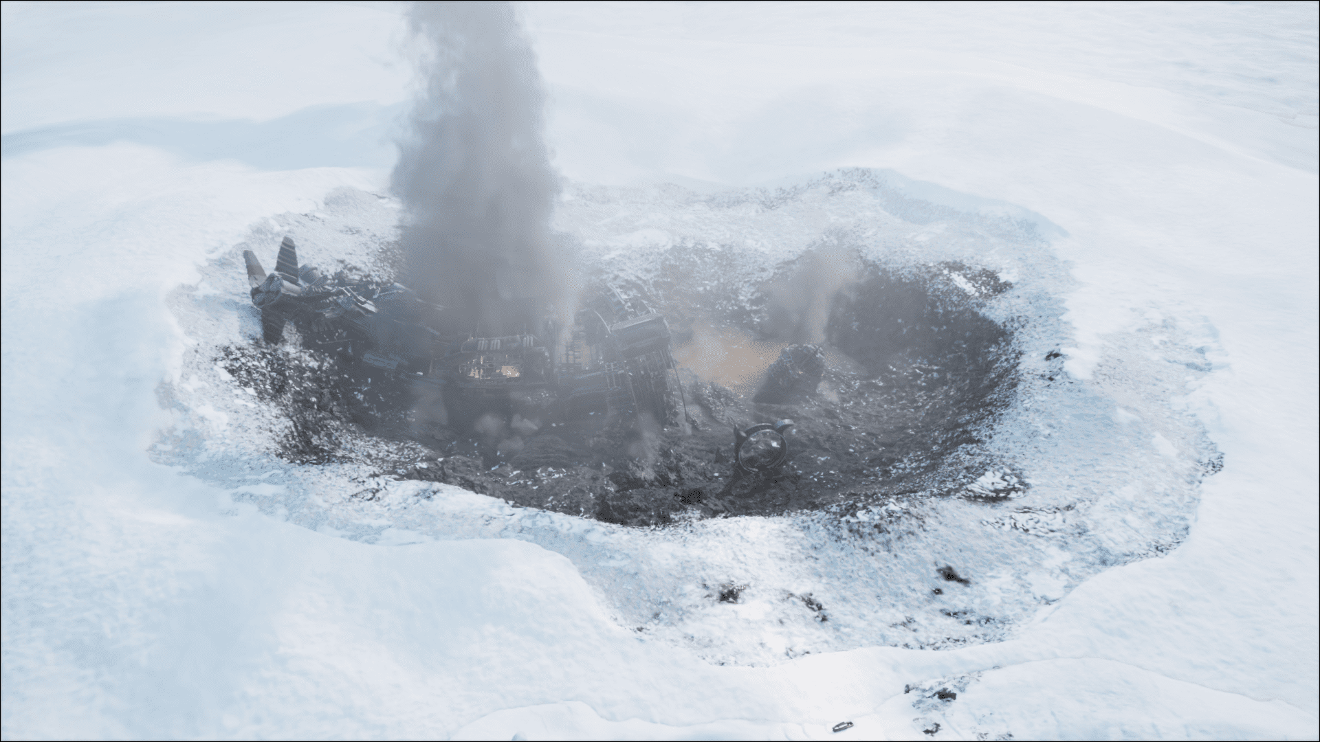 a large circular crater surrounded by snow with dark smoke rising from the center the remnants of a structure are partially visible within the crater indicating a recent explosion or collapse digital production A large, circular crater surrounded by snow, with dark smoke rising from the center. The remnants of a structure are partially visible within the crater, indicating a recent explosion or collapse.
