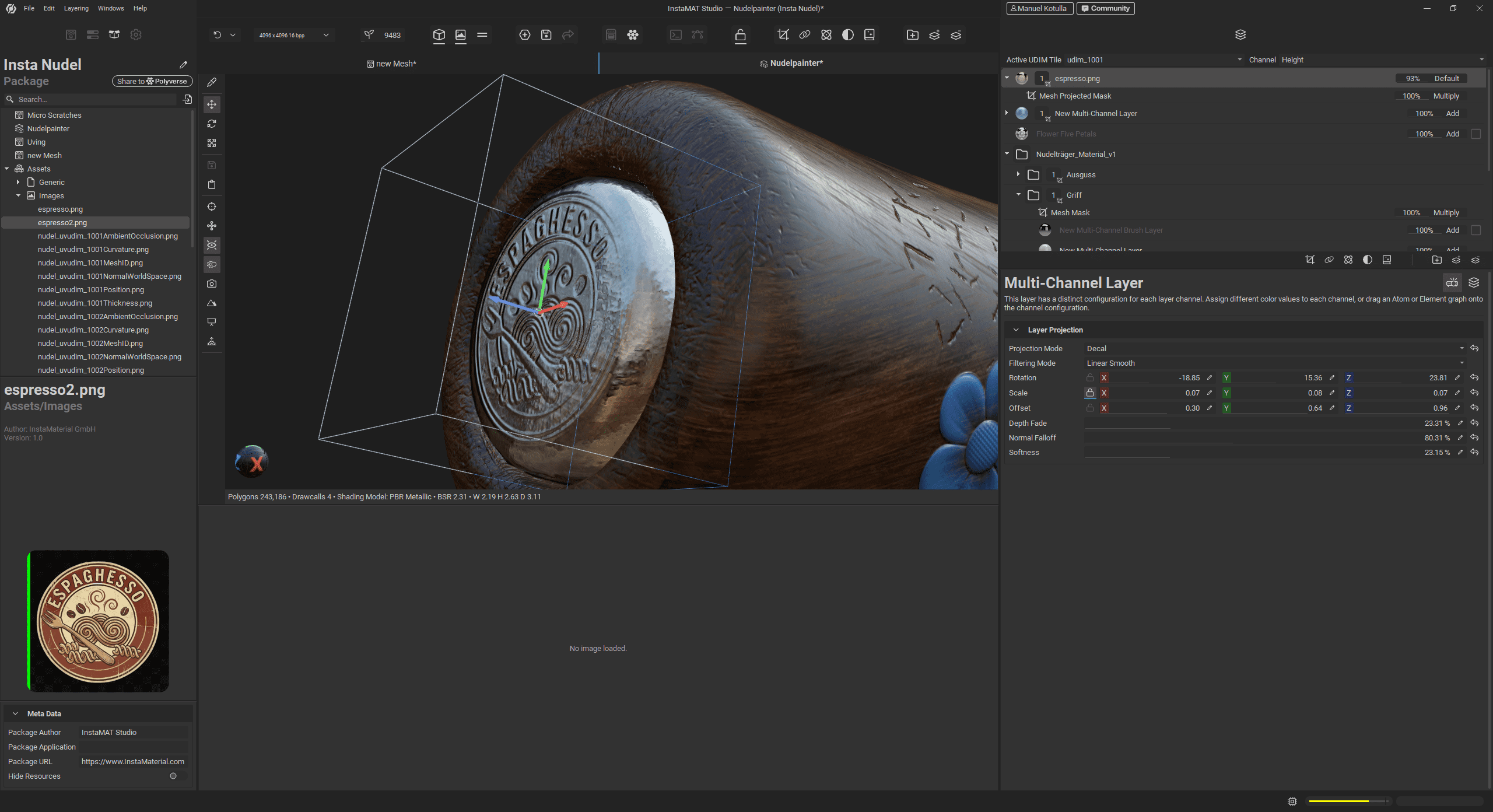 a 3d modeling software interface displaying a detailed closeup of a round metal object resembling a coin on a wooden surface the softwares panels show various tools and layers with a preview of the model in the center digital production A 3D modeling software interface displaying a detailed close-up of a round metal object, resembling a coin, on a wooden surface. The software's panels show various tools and layers, with a preview of the model in the center.