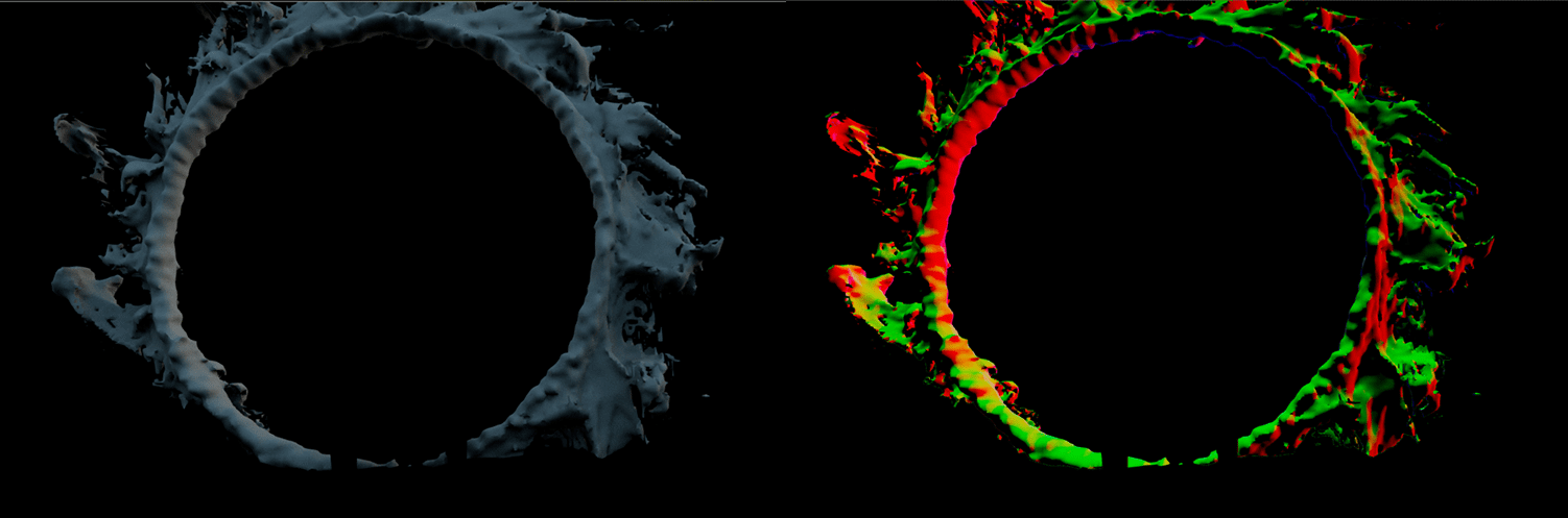 two circular splashes on a black background the left splash is a smooth monochromatic gray while the right splash features vibrant colors of red green and yellow creating a lively contrast digital production Two circular splashes on a black background. The left splash is a smooth, monochromatic gray, while the right splash features vibrant colors of red, green, and yellow, creating a lively contrast.