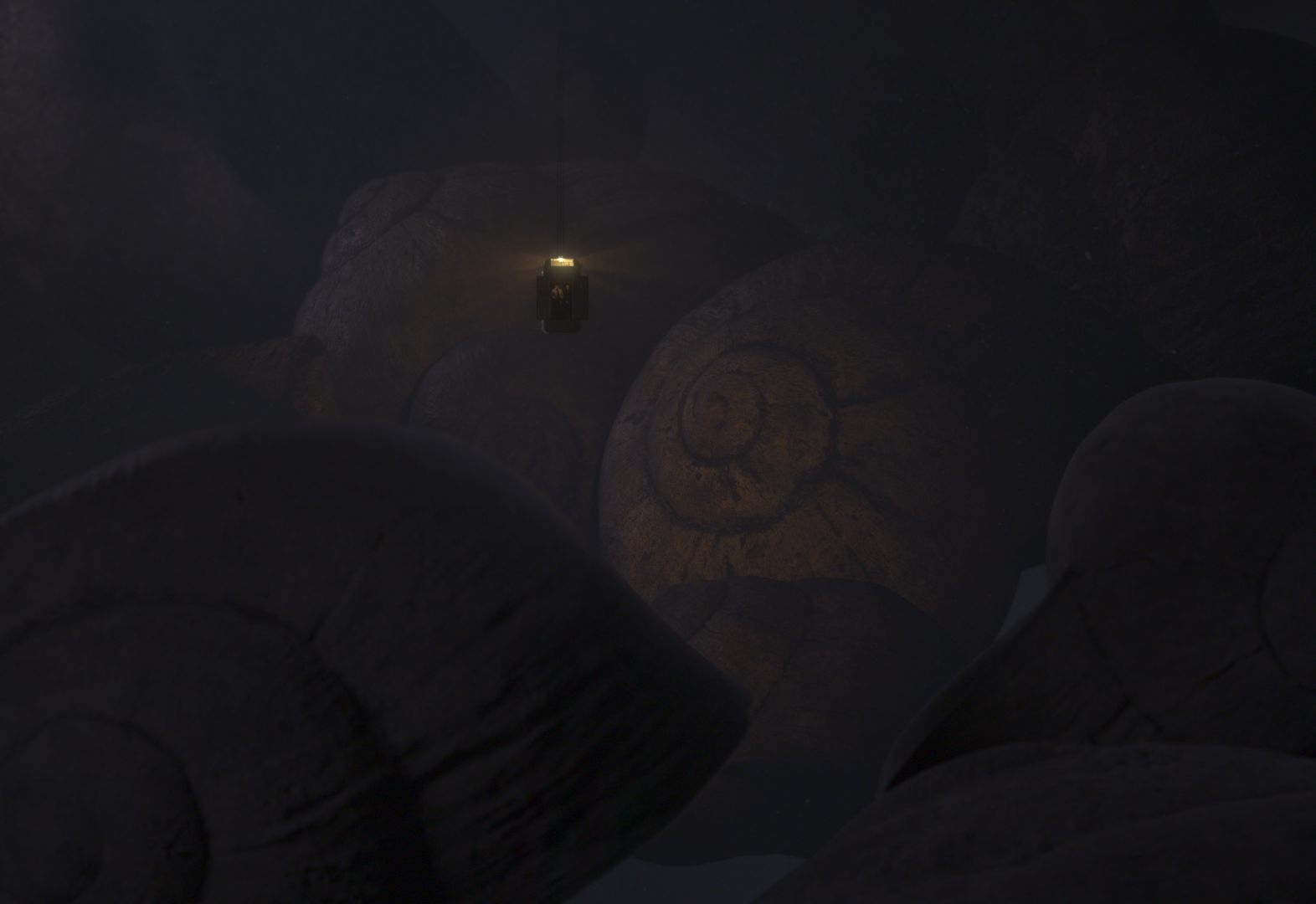 a dimly lit scene featuring large textured snail shells scattered across the foreground a faint light illuminates one shell creating an atmosphere of mystery and depth in the shadowy environment digital production A dimly lit scene featuring large, textured snail shells scattered across the foreground. A faint light illuminates one shell, creating an atmosphere of mystery and depth in the shadowy environment.