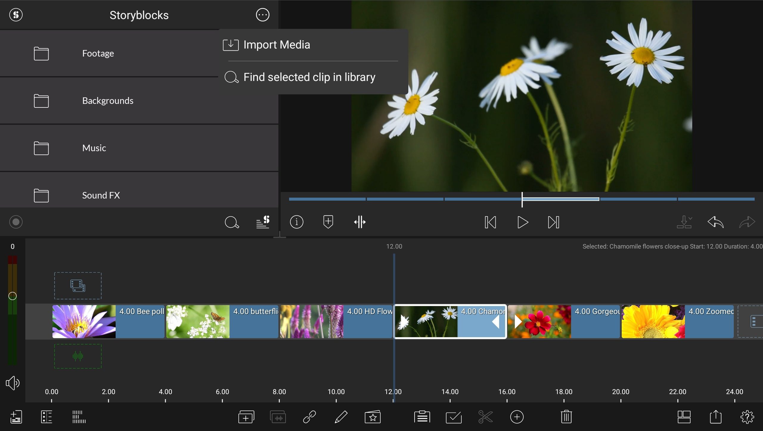 a screen displaying video editing software with a timeline showing various clips including flowers and scenes the left panel includes options like import media footage backgrounds music and sound fx digital production A screen displaying video editing software with a timeline showing various clips, including flowers and scenes. The left panel includes options like 'Import Media', 'Footage', 'Backgrounds', 'Music', and 'Sound FX'.