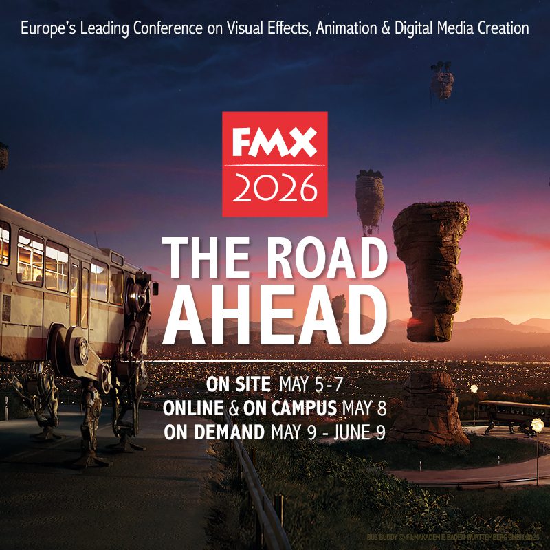 promotional graphic for fmx 2026 featuring a futuristic landscape with floating rocks and a bus the text highlights the event details including dates and formats may 57 onsite may 8 online may 9june 9 on demand digital production Promotional graphic for FMX 2026, featuring a futuristic landscape with floating rocks and a bus. The text highlights the event details, including dates and formats: May 5-7 on-site, May 8 online, May 9-June 9 on demand.