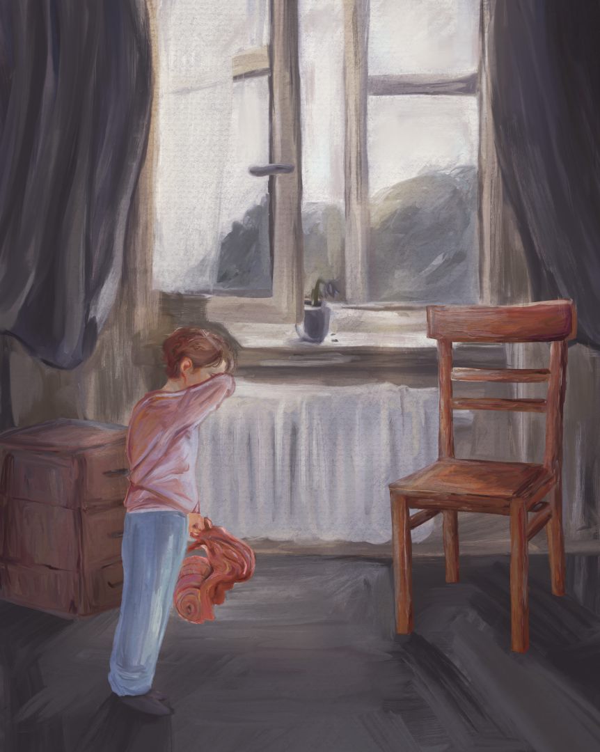 a young child with brown hair stands in a dimly lit room holding an orange toy the child looks down with their back facing a wooden chair near a window draped with dark curtains digital production A young child with brown hair stands in a dimly lit room, holding an orange toy. The child looks down, with their back facing a wooden chair near a window draped with dark curtains.