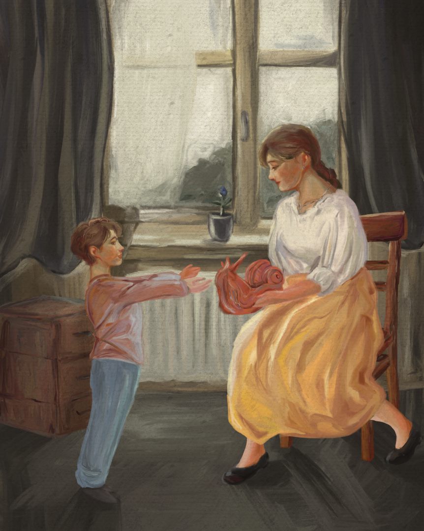 a boy extending his hands toward a woman seated in a chair who holds a red toy in her lap the scene is set by a window with a small plant surrounded by soft lighting and a cozy atmosphere digital production A boy extending his hands toward a woman seated in a chair, who holds a red toy in her lap. The scene is set by a window with a small plant, surrounded by soft lighting and a cozy atmosphere.