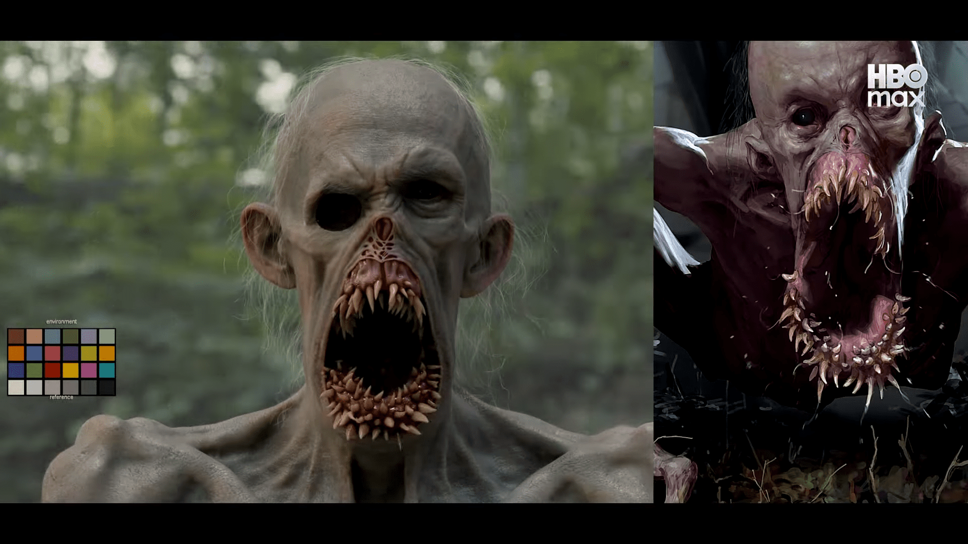 a closeup of a grotesque monster with a gaping mouth filled with sharp teeth set in a dark wooded background the left side shows a realistic portrayal while the right side features a stylized illustration a color reference chart is visible in the bottom left digital production A close-up of a grotesque monster with a gaping mouth filled with sharp teeth, set in a dark, wooded background. The left side shows a realistic portrayal, while the right side features a stylized illustration. A color reference chart is visible in the bottom left.