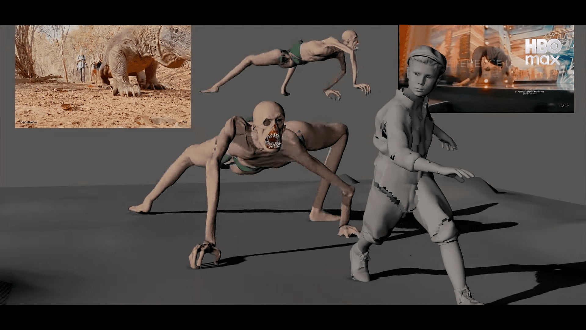 a 3d rendering featuring stylized characters in various poses on a gray background a humanoid figure runs while another crawls in the background there are images of elephants in a natural setting and a scene from hbo max digital production A 3D rendering featuring stylized characters in various poses on a gray background. A humanoid figure runs while another crawls. In the background, there are images of elephants in a natural setting and a scene from HBO Max.