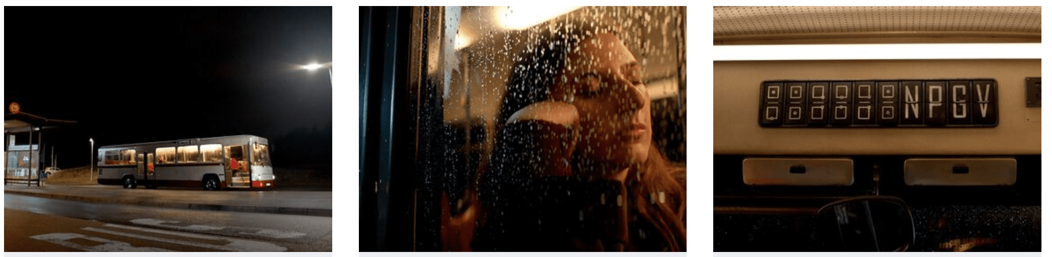 a city bus parked at a dimly lit stop at night a closeup of a woman gazing through a raindotted window and an image of an electronic display showing information inside the bus digital production A city bus parked at a dimly lit stop at night, a close-up of a woman gazing through a rain-dotted window, and an image of an electronic display showing information inside the bus.