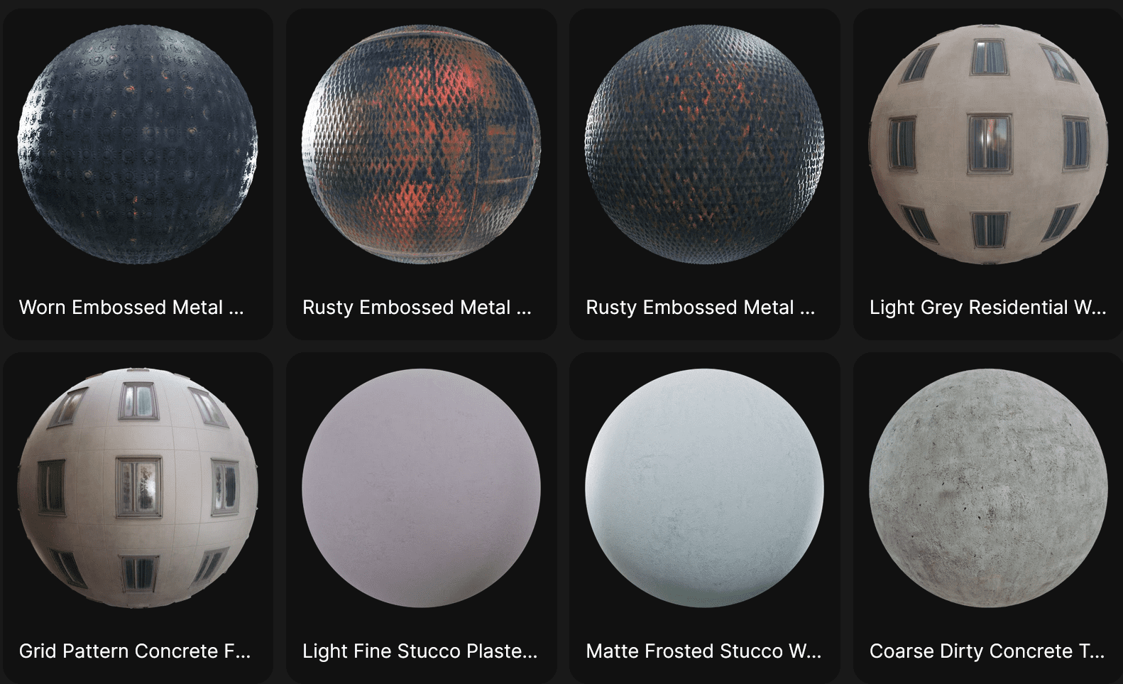 a grid of various textured surface materials including embossed metal rusty metal stucco and concrete each represented as spherical images highlighting unique colors and patterns digital production A grid of various textured surface materials, including embossed metal, rusty metal, stucco, and concrete, each represented as spherical images highlighting unique colors and patterns.