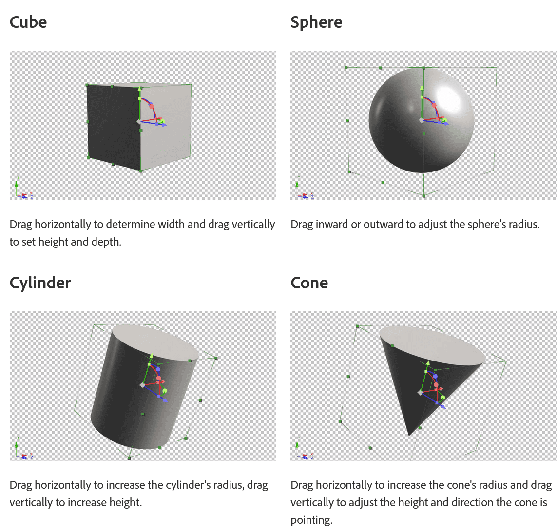 four 3d geometric shapes a cube a sphere a cylinder and a cone each illustrated with manipulators the cube is shown with dimensions defined the sphere with radius adjustment the cylinder with height and radius controls and the cone with height and direction adjustments digital production Four 3D geometric shapes: a cube, a sphere, a cylinder, and a cone, each illustrated with manipulators. The cube is shown with dimensions defined, the sphere with radius adjustment, the cylinder with height and radius controls, and the cone with height and direction adjustments.