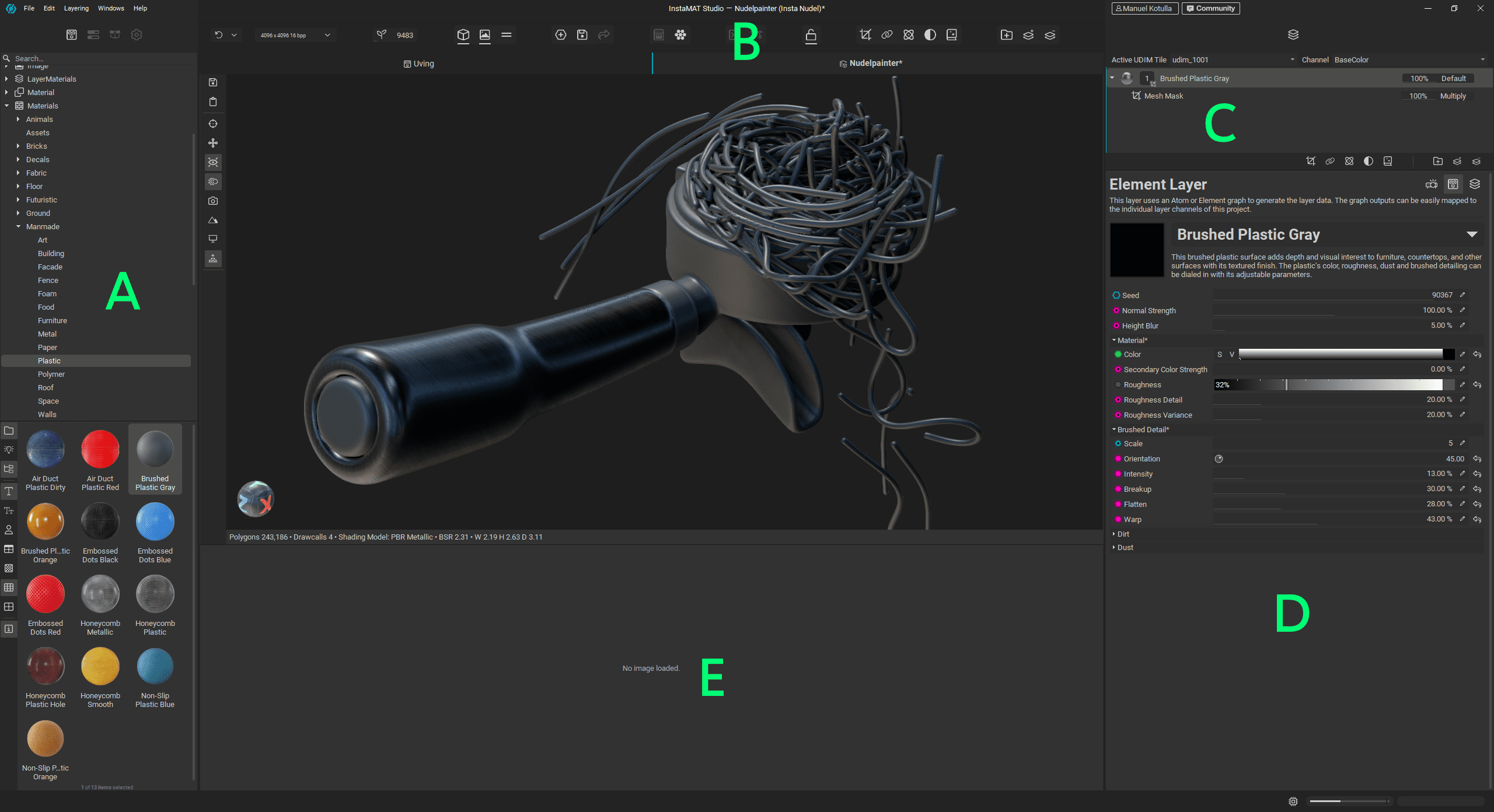 a 3d modeling software interface displaying a black handle tool with tangled wires above it the screen includes different panels a color palette on the left modeling view in the center properties panel on the right and settings at the top digital production A 3D modeling software interface displaying a black handle tool with tangled wires above it. The screen includes different panels: a color palette on the left, modeling view in the center, properties panel on the right, and settings at the top.