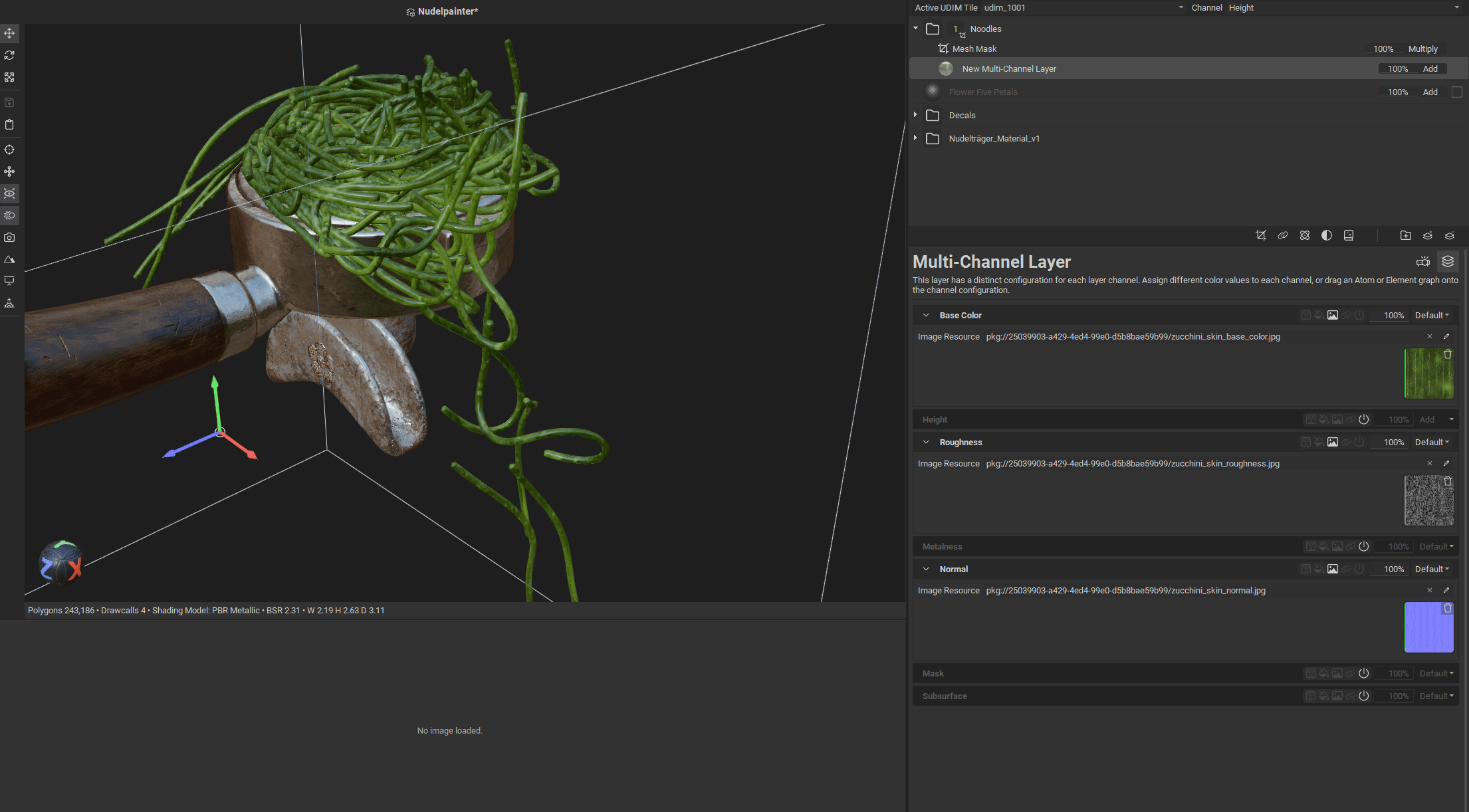 a closeup view of a wooden bowl filled with green spiralshaped noodles the scene is displayed in a 3d modeling software interface showing tools and options on the right side with a dark background highlighting the noodles digital production A close-up view of a wooden bowl filled with green, spiral-shaped noodles. The scene is displayed in a 3D modeling software interface, showing tools and options on the right side, with a dark background highlighting the noodles.