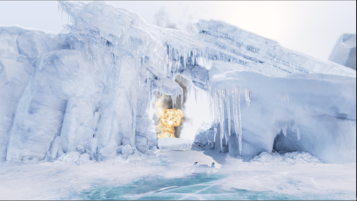 a dramatic icy landscape featuring towering ice cliffs with icicles hanging down in the foreground a small inlet of water reflects the ice while an explosion emanates from a cave in the ice creating a stark contrast digital production A dramatic icy landscape featuring towering ice cliffs with icicles hanging down. In the foreground, a small inlet of water reflects the ice, while an explosion emanates from a cave in the ice, creating a stark contrast.