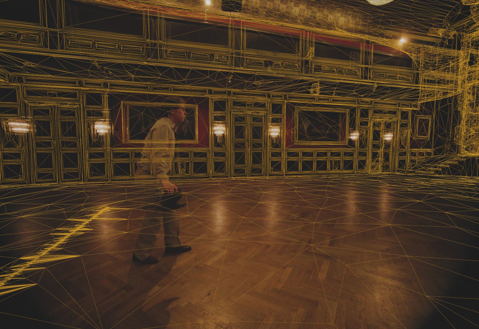interior of a dimly lit room featuring intricate wood paneling and soft lighting a figure walks across the wooden floor creating a sense of depth as contrasting yellow lines overlay the scene emphasizing geometric shapes digital production Interior of a dimly lit room featuring intricate wood paneling and soft lighting. A figure walks across the wooden floor, creating a sense of depth as contrasting yellow lines overlay the scene, emphasizing geometric shapes.
