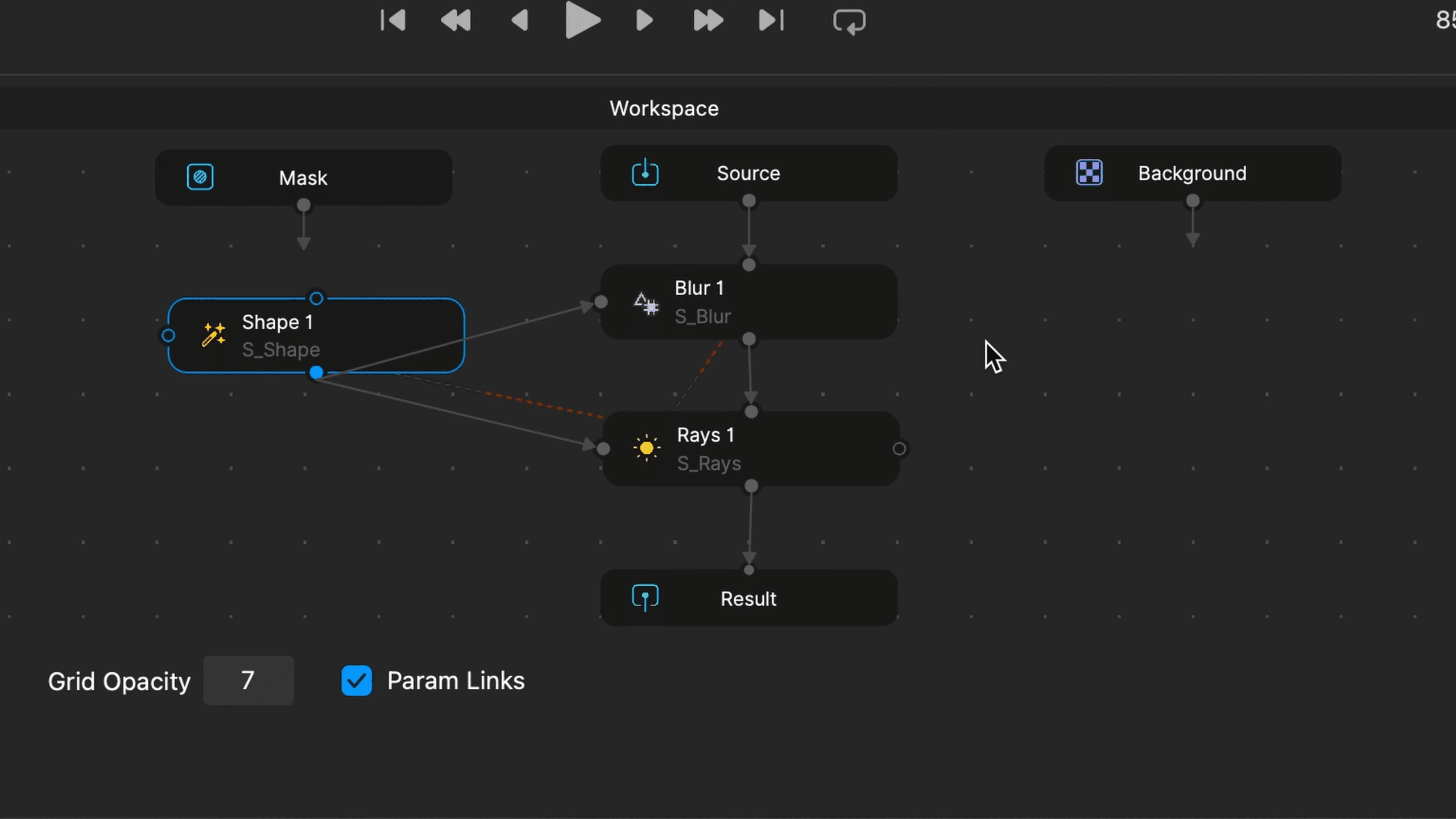 a digital workspace interface showing nodes for a visual effects project nodes include shape blur rays and result connected with lines set against a dark background with grid patterns digital production A digital workspace interface showing nodes for a visual effects project. Nodes include Shape, Blur, Rays, and Result, connected with lines, set against a dark background with grid patterns.