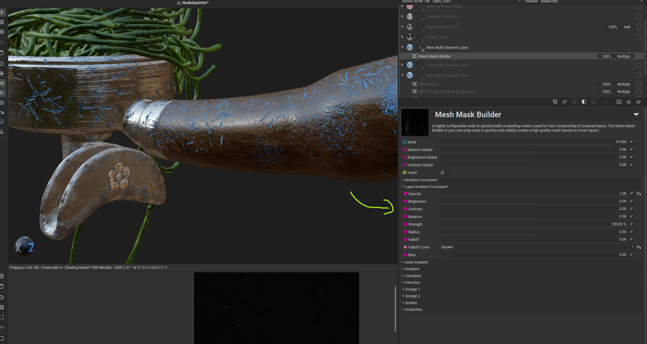 a detailed view of a wooden object with intricate carvings featuring a curved handle textured green strands are positioned atop the object along with a user interface panel showing the settings of a mesh mask builder in a digital design software digital production A detailed view of a wooden object with intricate carvings, featuring a curved handle. Textured green strands are positioned atop the object, along with a user interface panel showing the settings of a Mesh Mask Builder in a digital design software.
