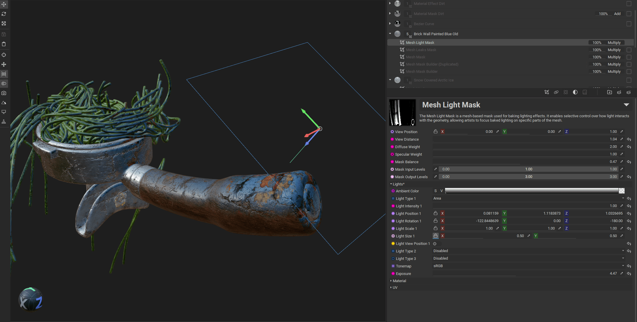 a 3d model of a vintage kitchen tool with a wooden handle showcasing strands of pasta or noodles inside the model is displayed against a dark background with a 3d software interface visible on the right highlighting mesh light mask settings digital production A 3D model of a vintage kitchen tool with a wooden handle, showcasing strands of pasta or noodles inside. The model is displayed against a dark background with a 3D software interface visible on the right, highlighting mesh light mask settings.